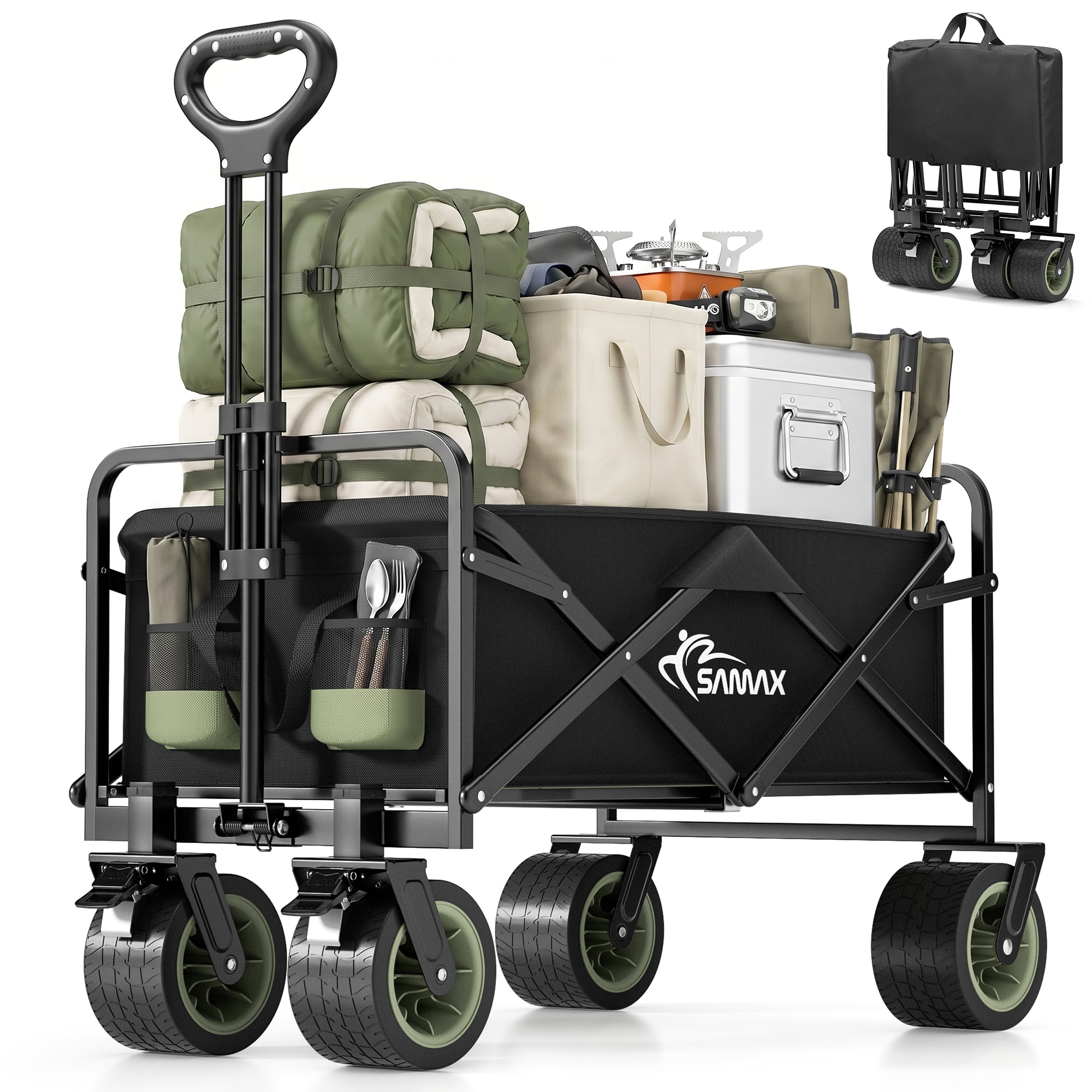 SAMAX Faltbarer Bollerwagen Offroad Camping Edition bis 200 kg - Schwarz / Matcha Gr&uuml;n 