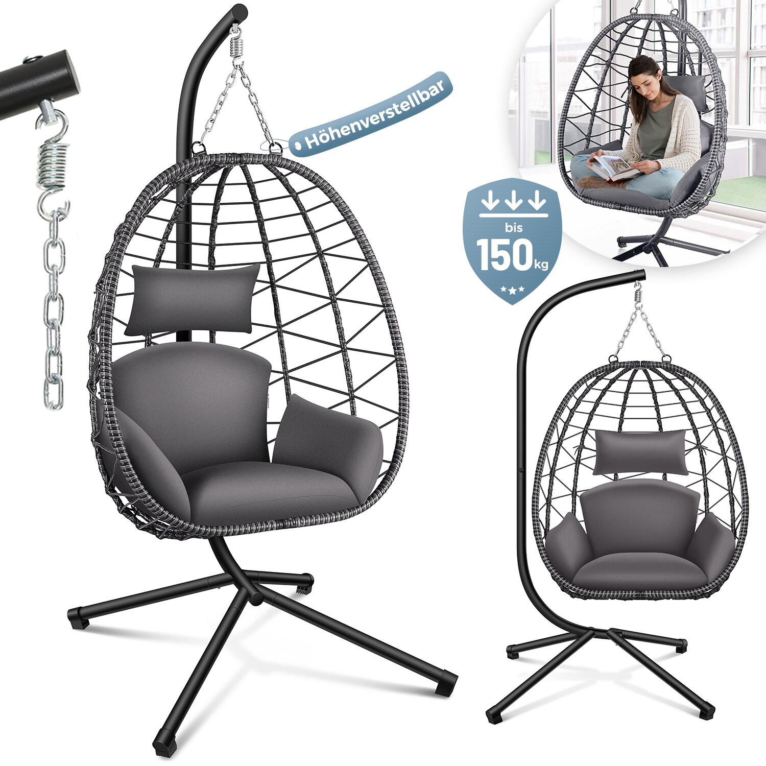 Makika H&auml;ngesessel mit Gestell h&ouml;henverstellbar aus Polyrattan in Grau 