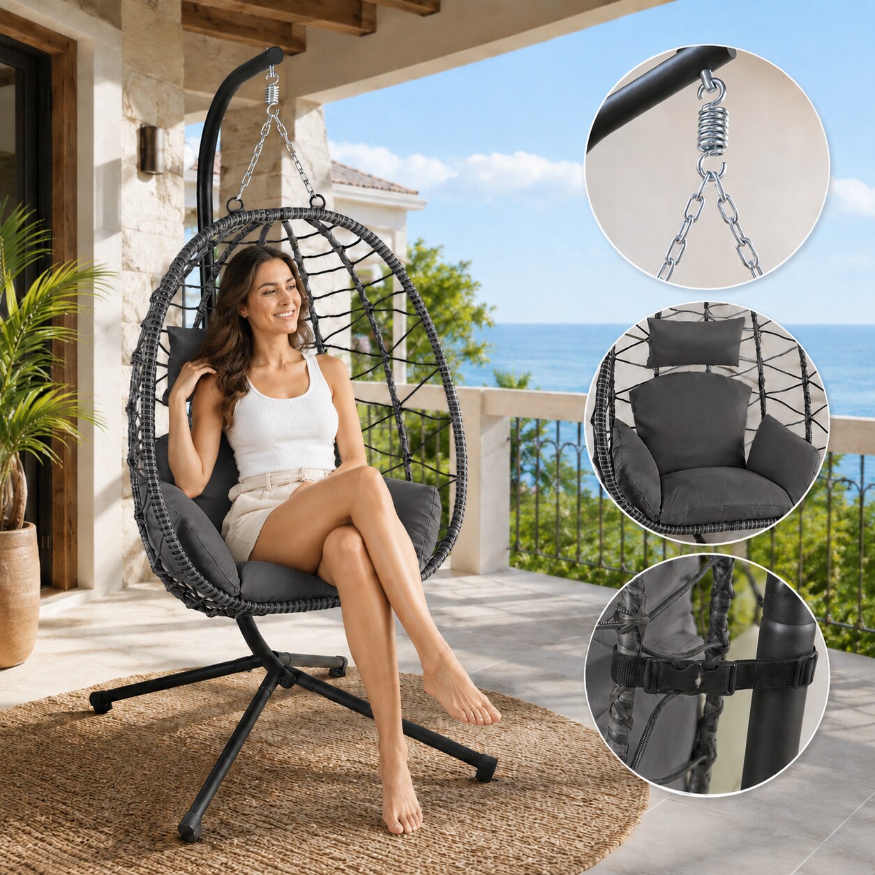 Hängesessel mit Gestell höhenverstellbar aus Polyrattan in Grau