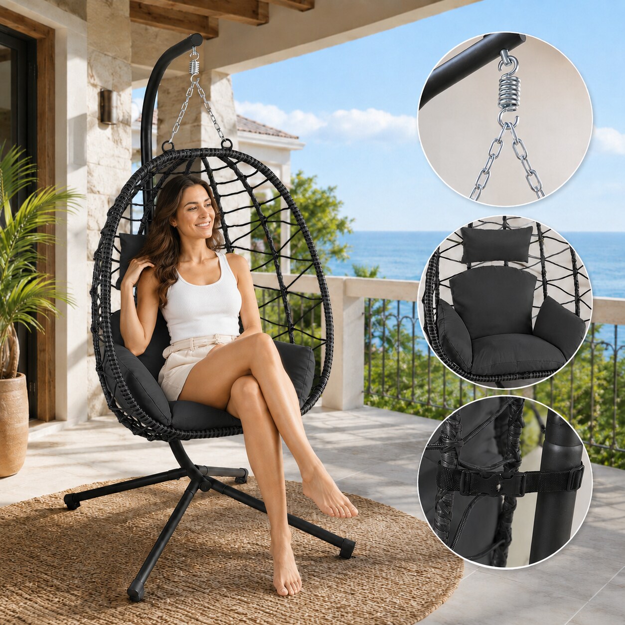 Hängesessel mit Gestell höhenverstellbar aus Polyrattan in Schwarz