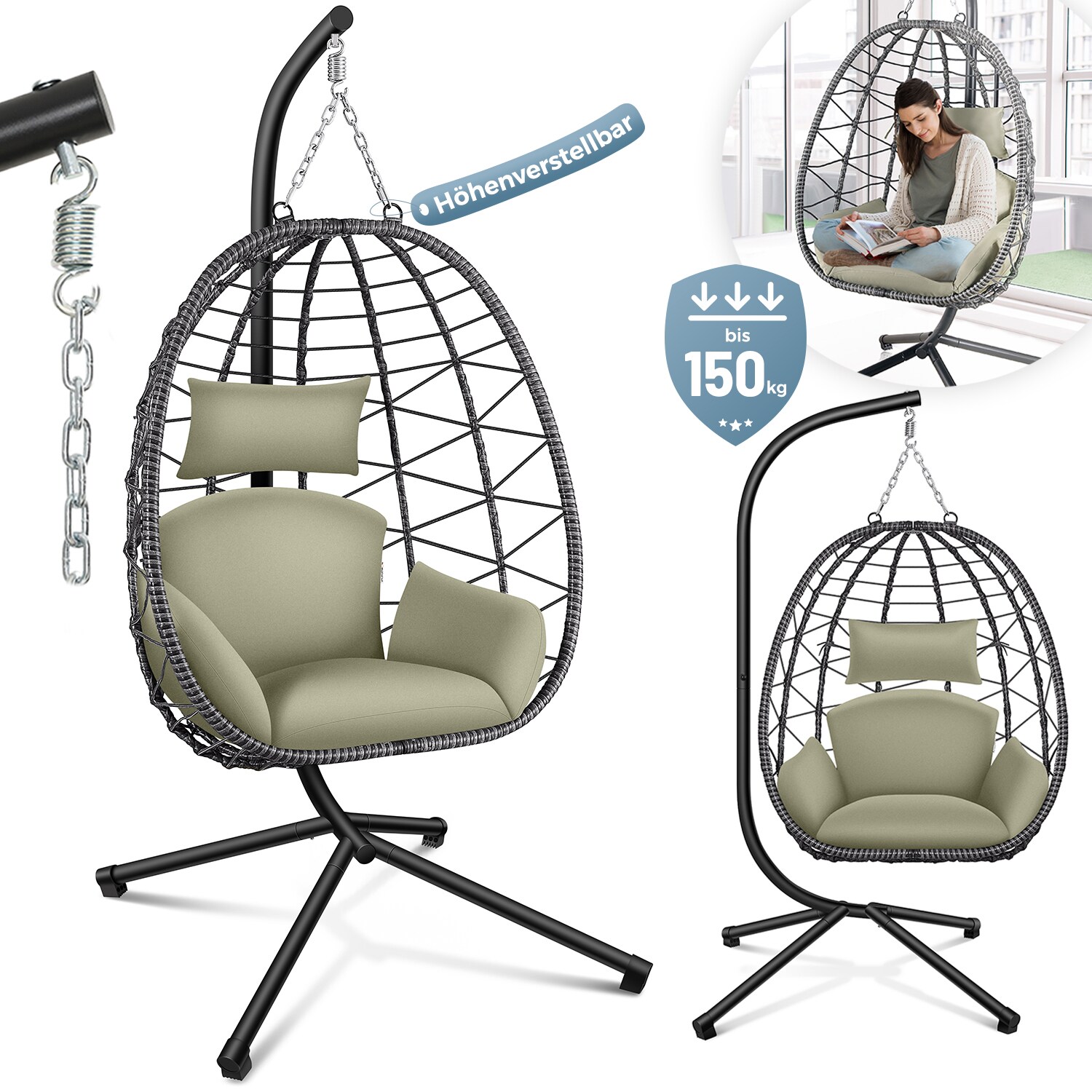 Makika H&auml;ngesessel mit Gestell h&ouml;henverstellbar aus Polyrattan in Gr&uuml;n / Grau 