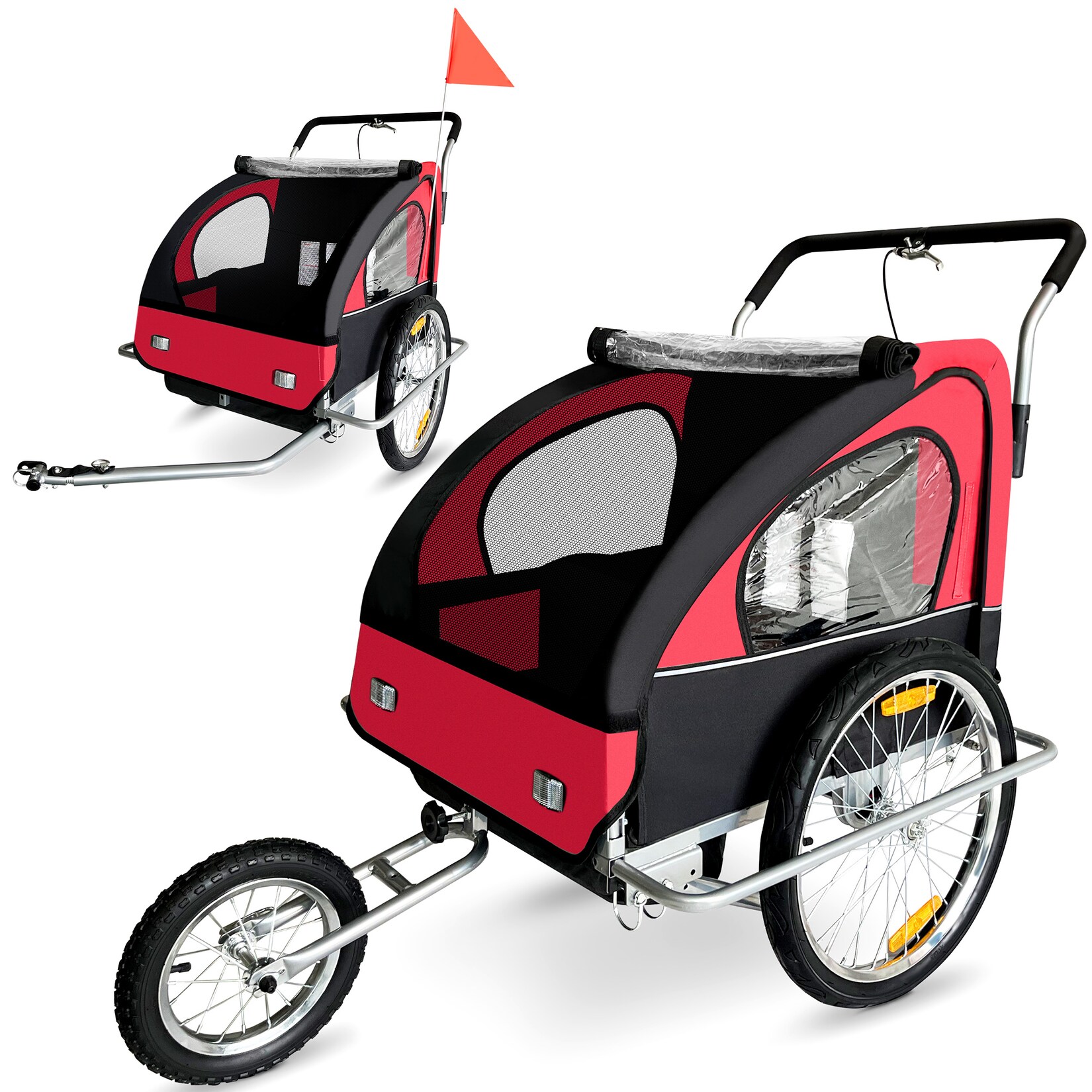 Fahrradanhänger 2in1 Jogger - in Rot/Schwarz - Silver Frame