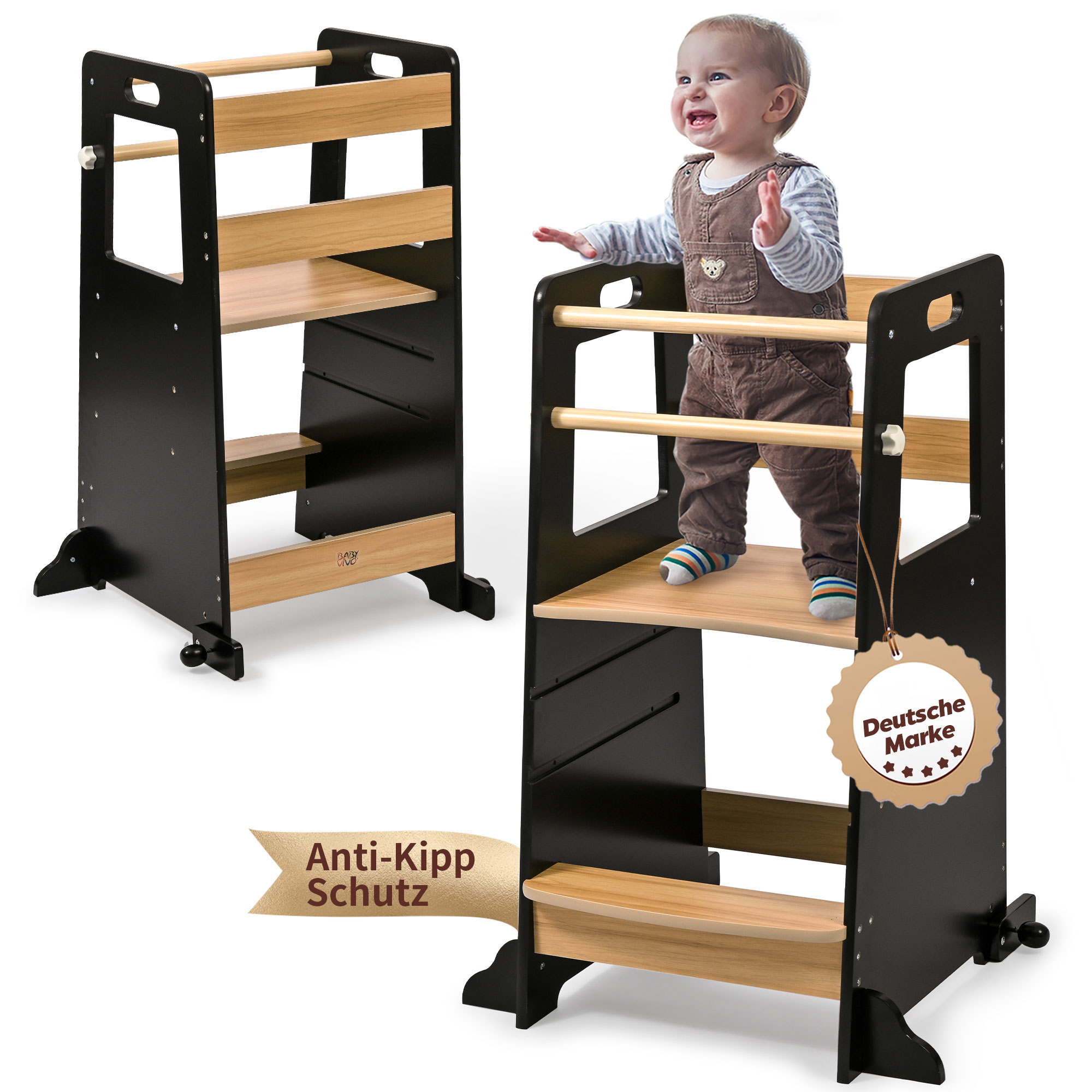 Baby Vivo Lernturm aus Holz h&ouml;henverstellbar - Noah in Schwarz 