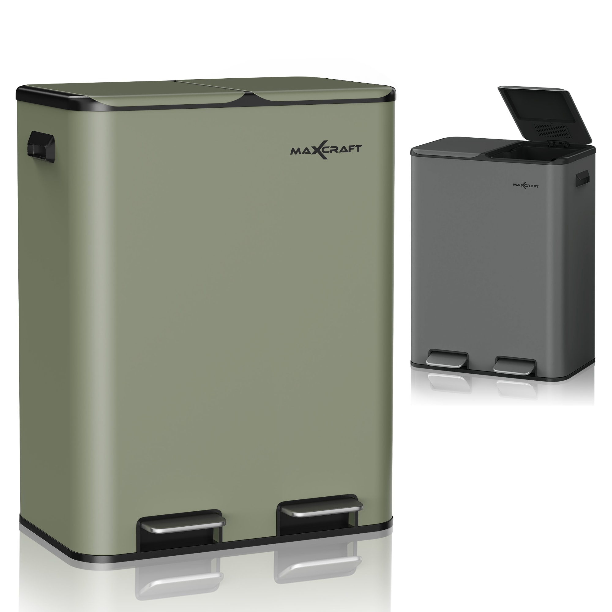 MAXCRAFT M&uuml;lleimer / Treteimer mit Soft Close Deckel und 2 Inneneimern - 60 Liter in Gr&uuml;n 