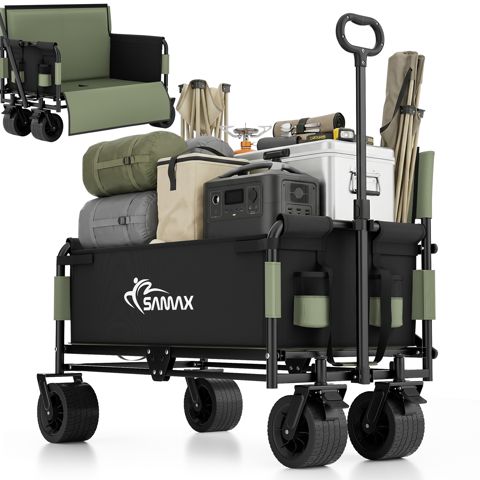 SAMAX Faltbarer Bollerwagen - 2in1 mit Bank - bis 200kg Offroad Festival Edition - Matcha Gr&uuml;n 