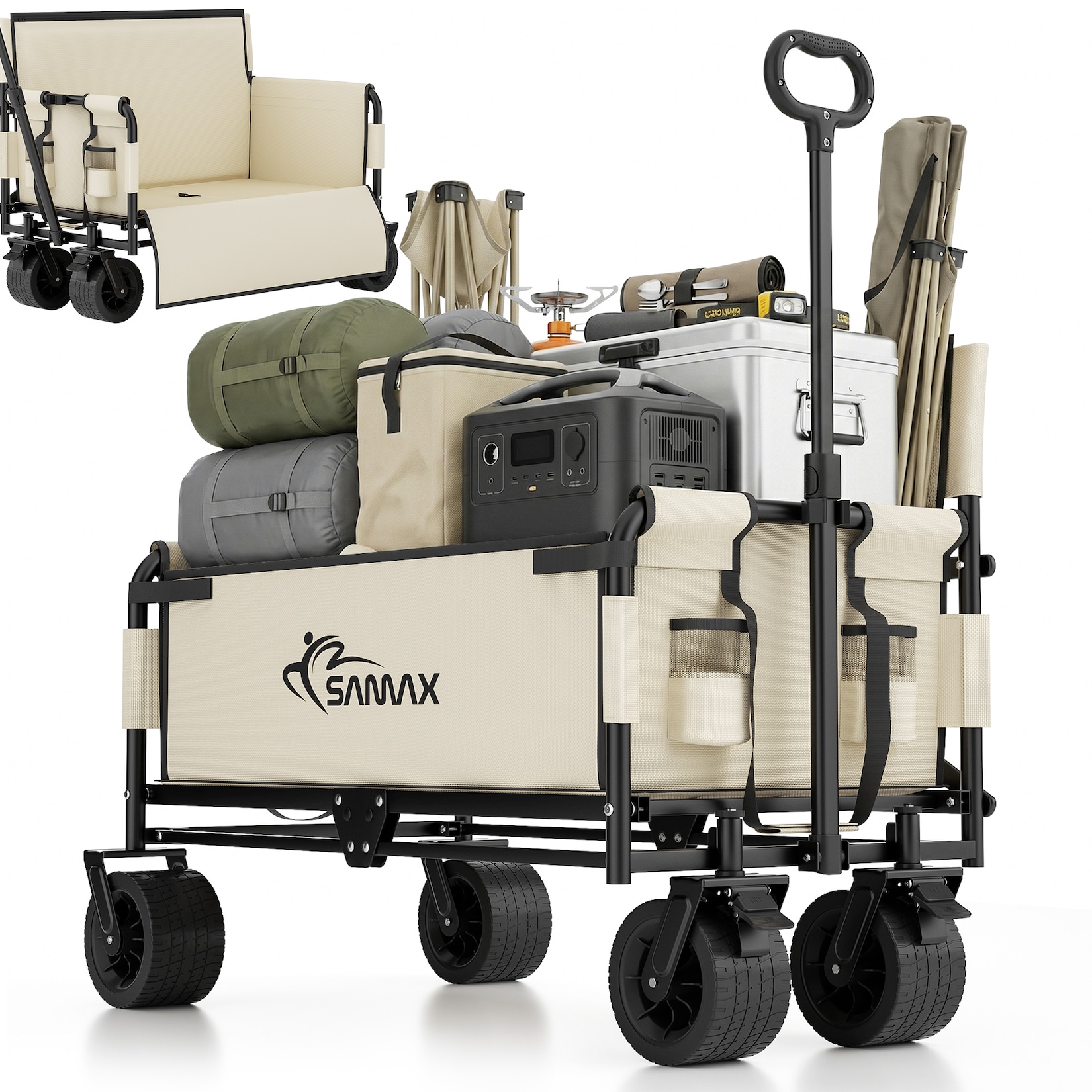SAMAX Faltbarer Bollerwagen - 2in1 mit Bank - bis 200kg Offroad Festival Edition - Beige