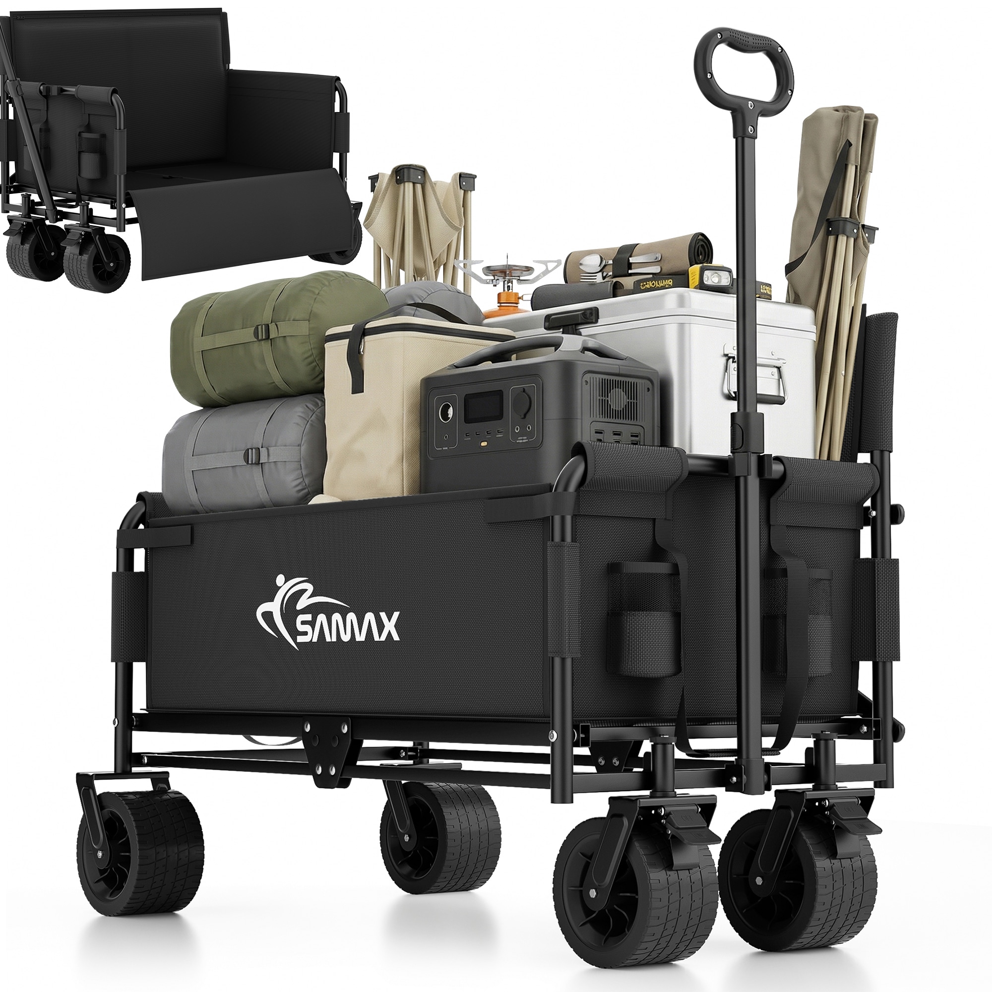 SAMAX Faltbarer Bollerwagen - 2in1 mit Bank - bis 200kg Offroad Festival Edition - Schwarz 