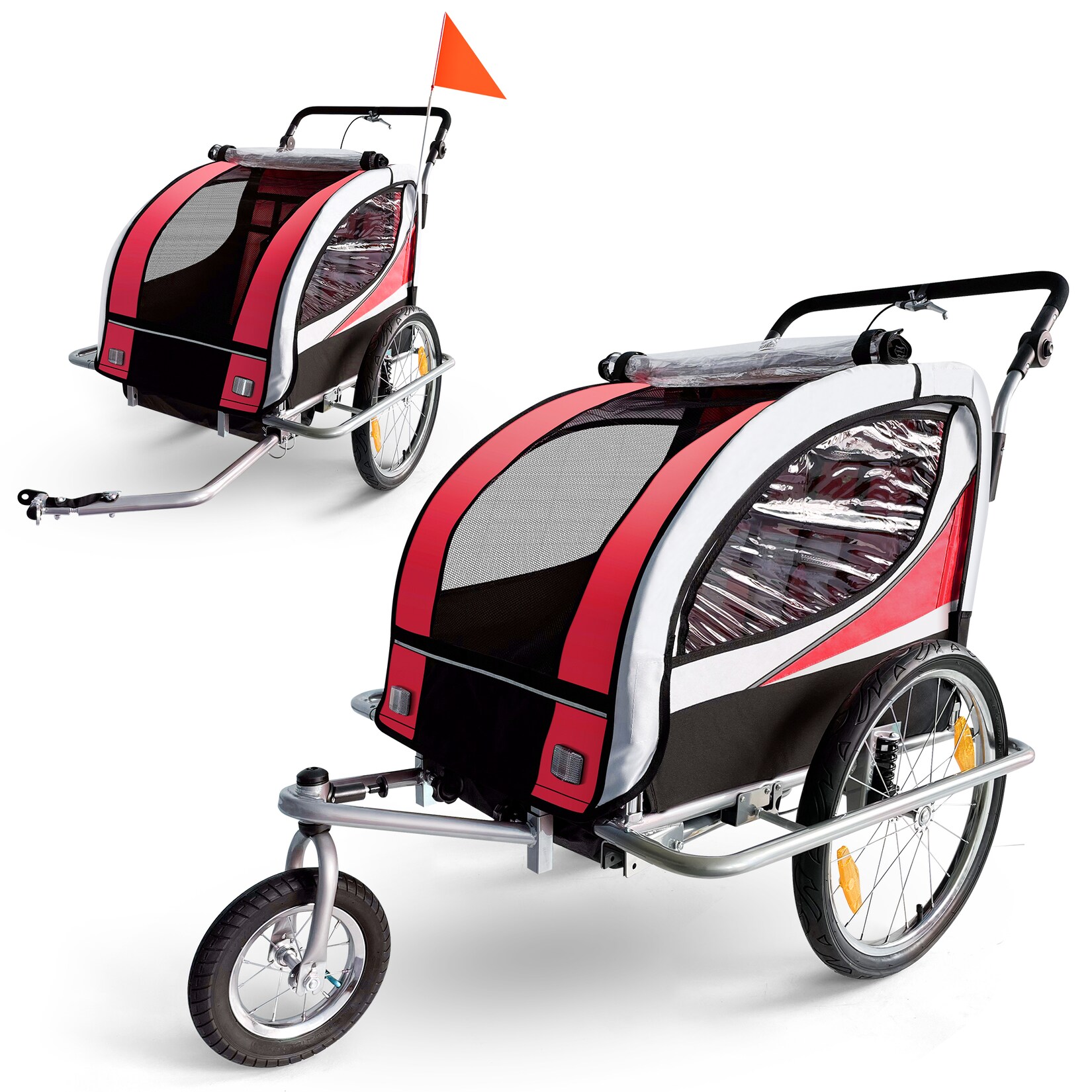 360° drehbarer Fahrradanhänger 2in1 Jogger - in Rot - Silver Frame