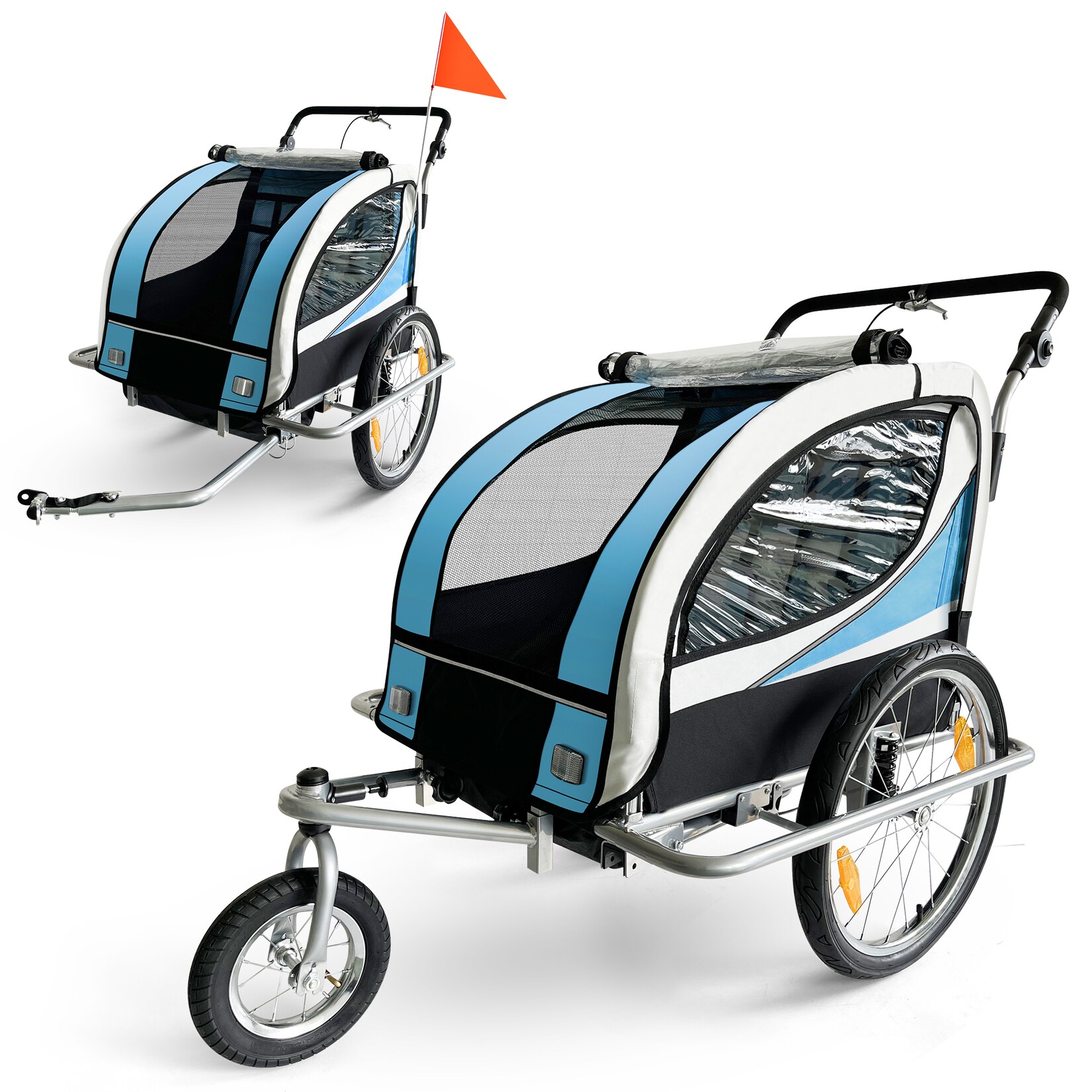 360° drehbarer Fahrradanhänger 2in1 Jogger - in Blau - Silver Frame