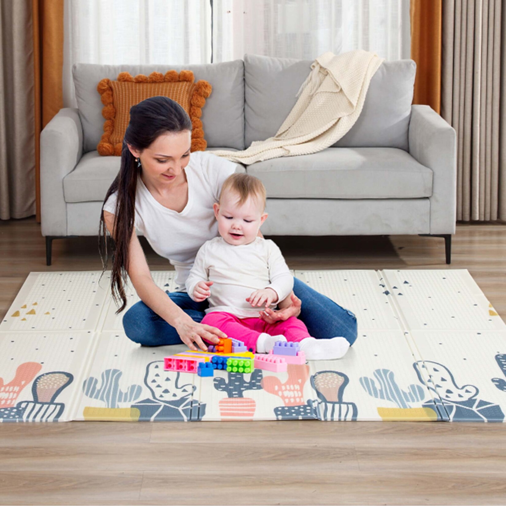 Spielmatte / Spielteppich für Kinder doppelseitig mit Straße 200 x 180 cm - Kaktus