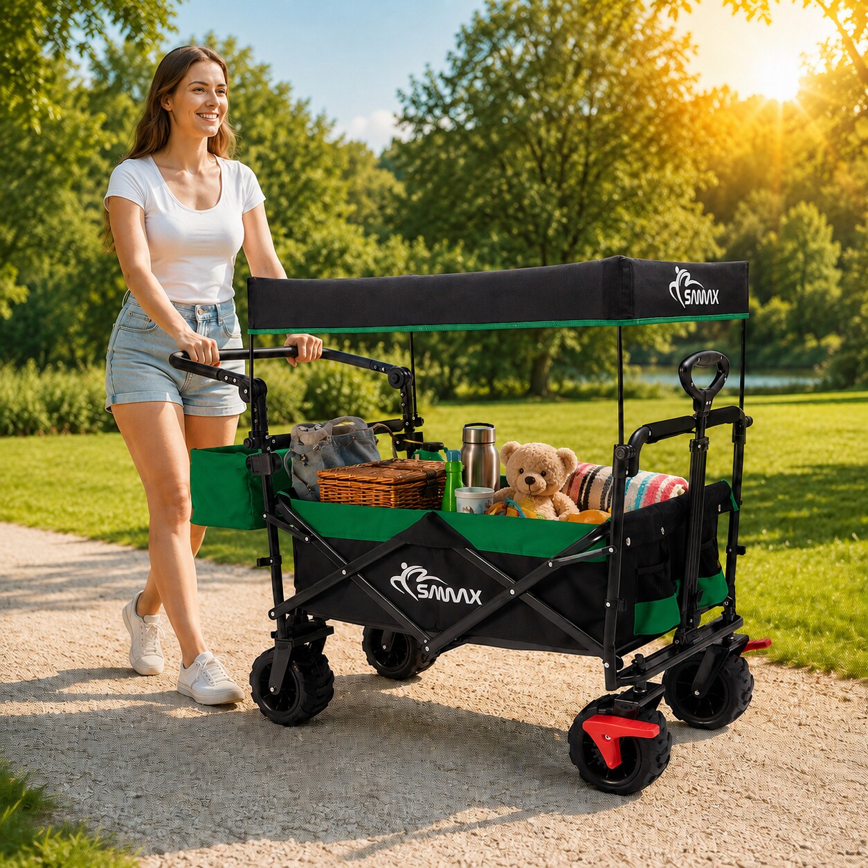 Faltbarer Bollerwagen Offroad mit Dach - Schwarz / Rot