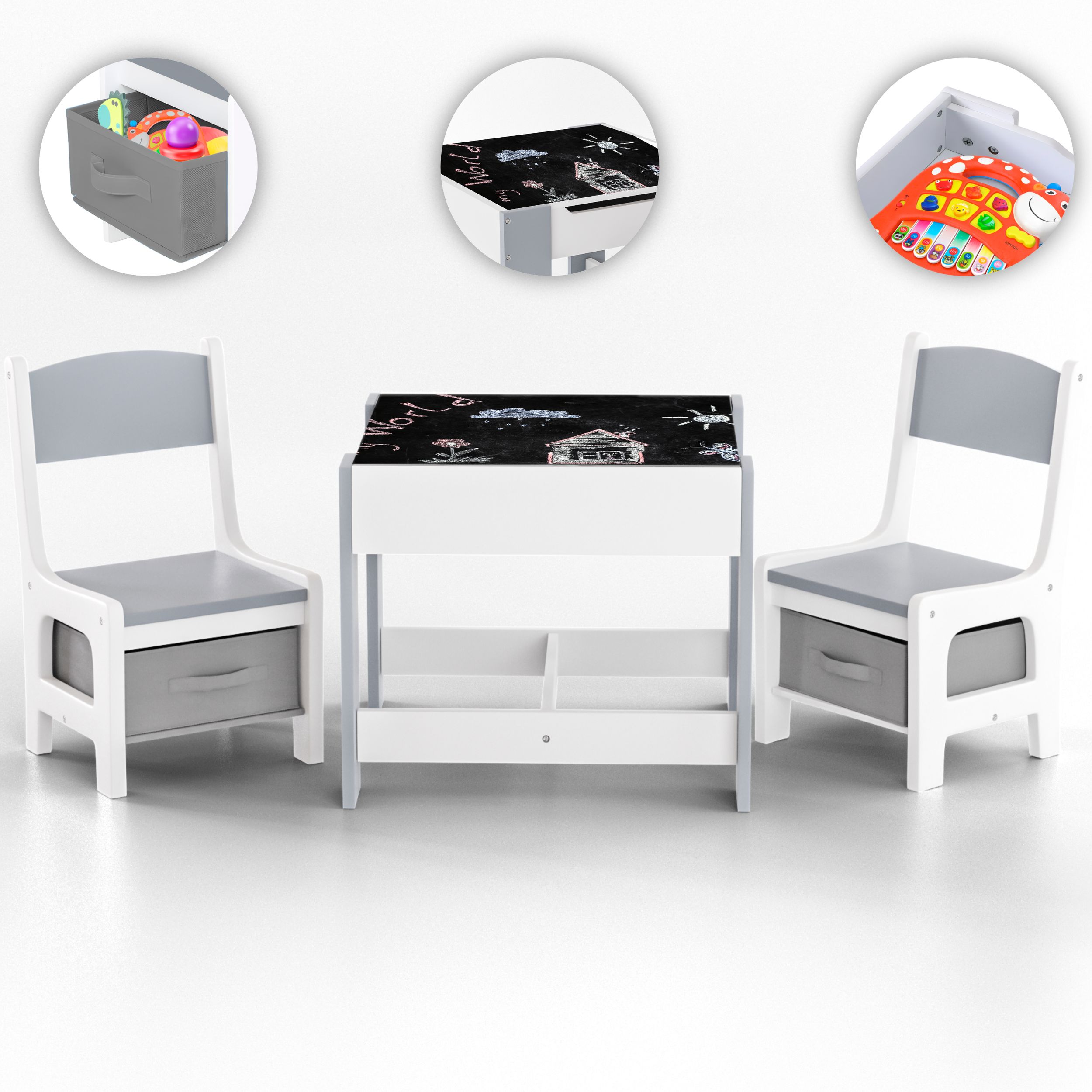 Baby Vivo Kindersitzgruppe mit multifunktionalem Tisch und 2 St&uuml;hlen aus Holz - Maurice in Grau 