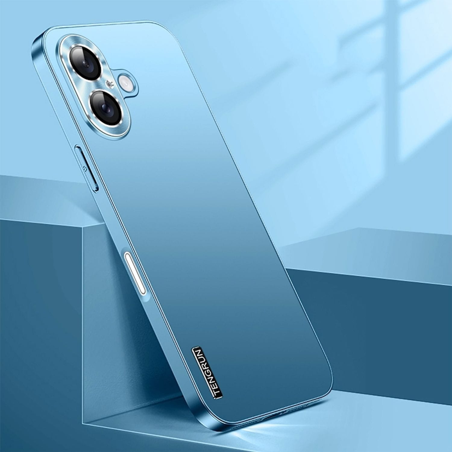 F&uuml;r Apple iPhone 16 Plus Feinmattes Metall Optik Design H&uuml;lle Hellblau 