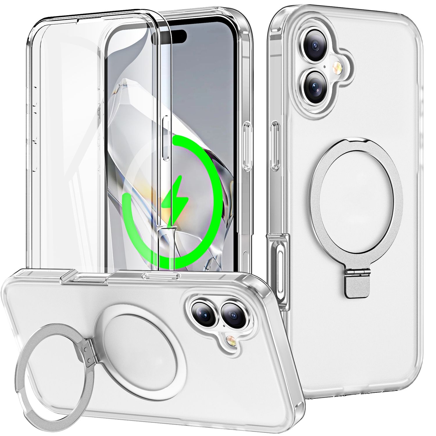F&uuml;r Apple iPhone 16 Plus Skin Feel MagSafe Ring 360 H&uuml;lle Transparent 