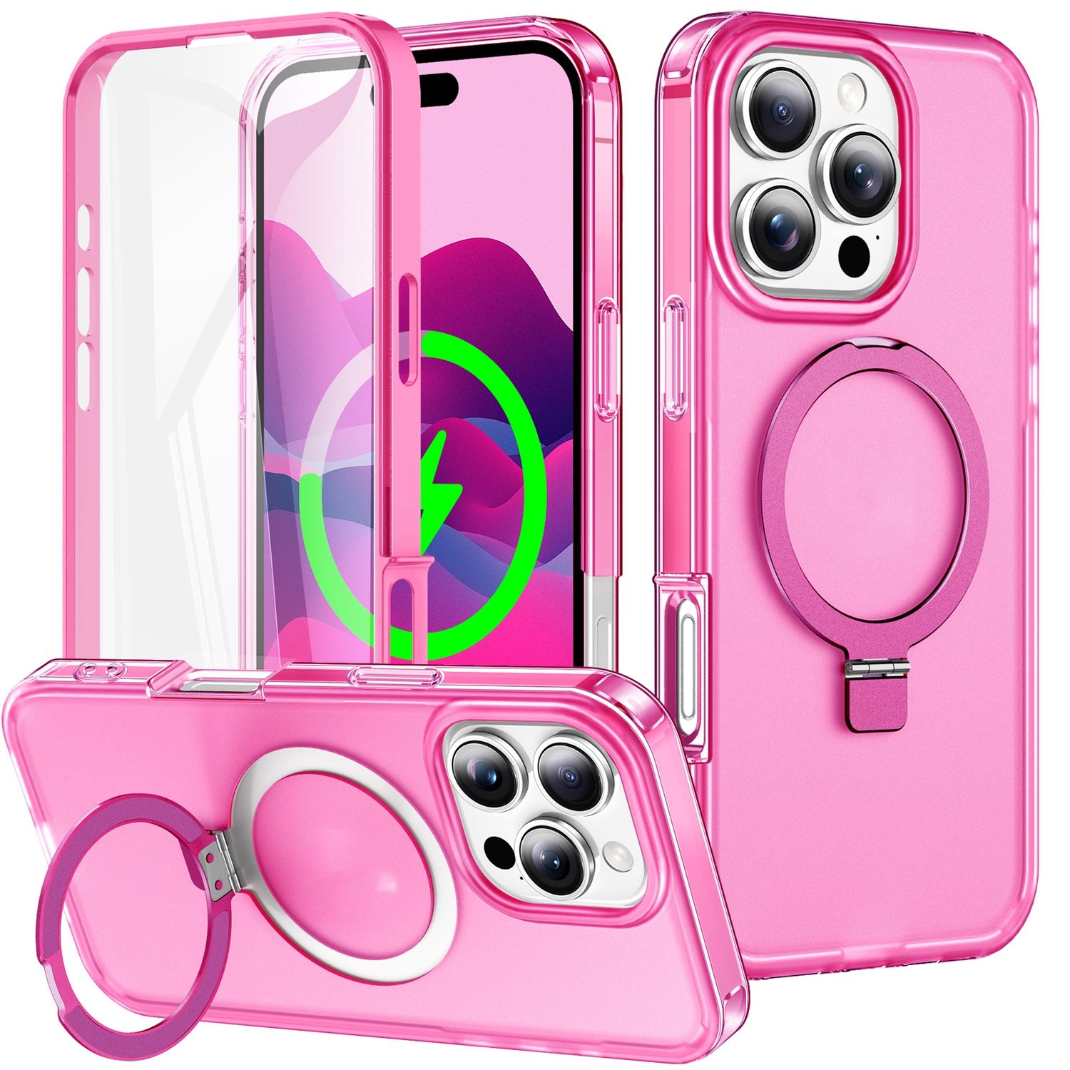F&uuml;r Apple iPhone 16 Pro Skin Feel MagSafe Ring 360 Grad H&uuml;lle Pink 