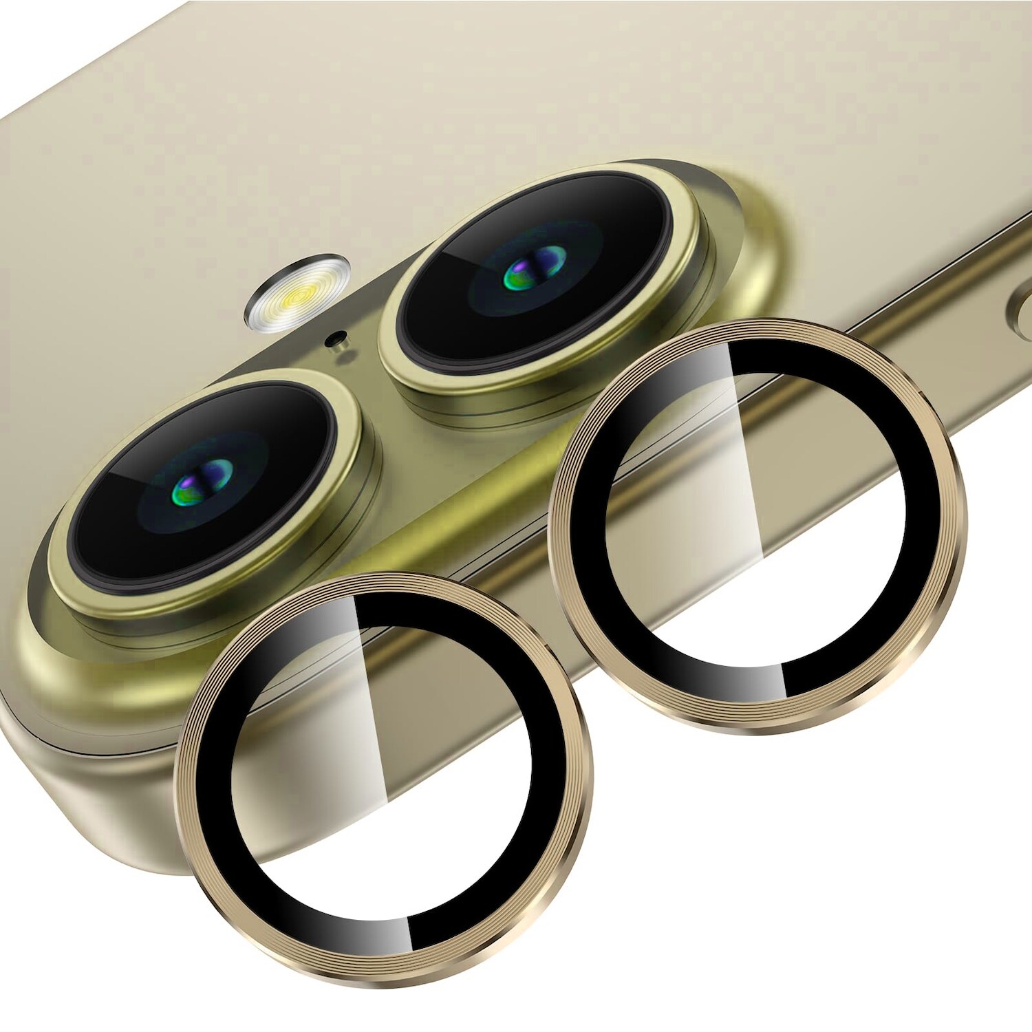 F&uuml;r Apple iPhone 16 / 16 Plus Aluminium Ring + H9 Hart Glas Gold 