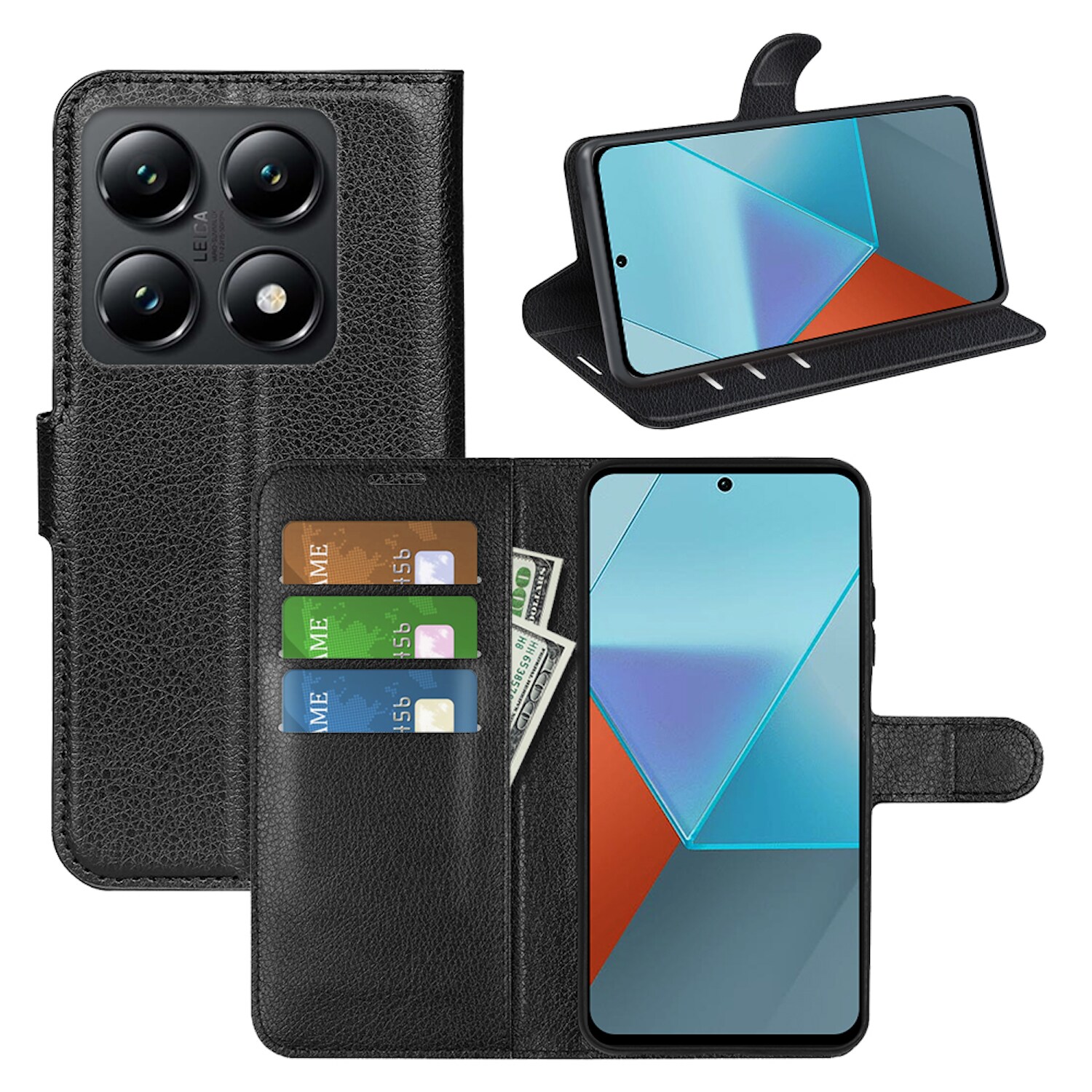 F&uuml;r Xiaomi 14T Kunstleder Book Wallet Tasche Etuis H&uuml;lle Cover Schwarz 