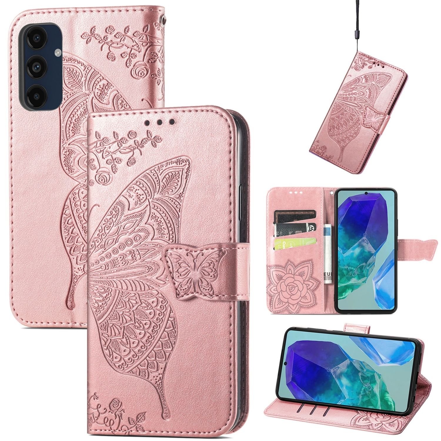 F&uuml;r Samsung Galaxy A16 Kunstleder Book Wallet Schmetterling H&uuml;lle Rosa 