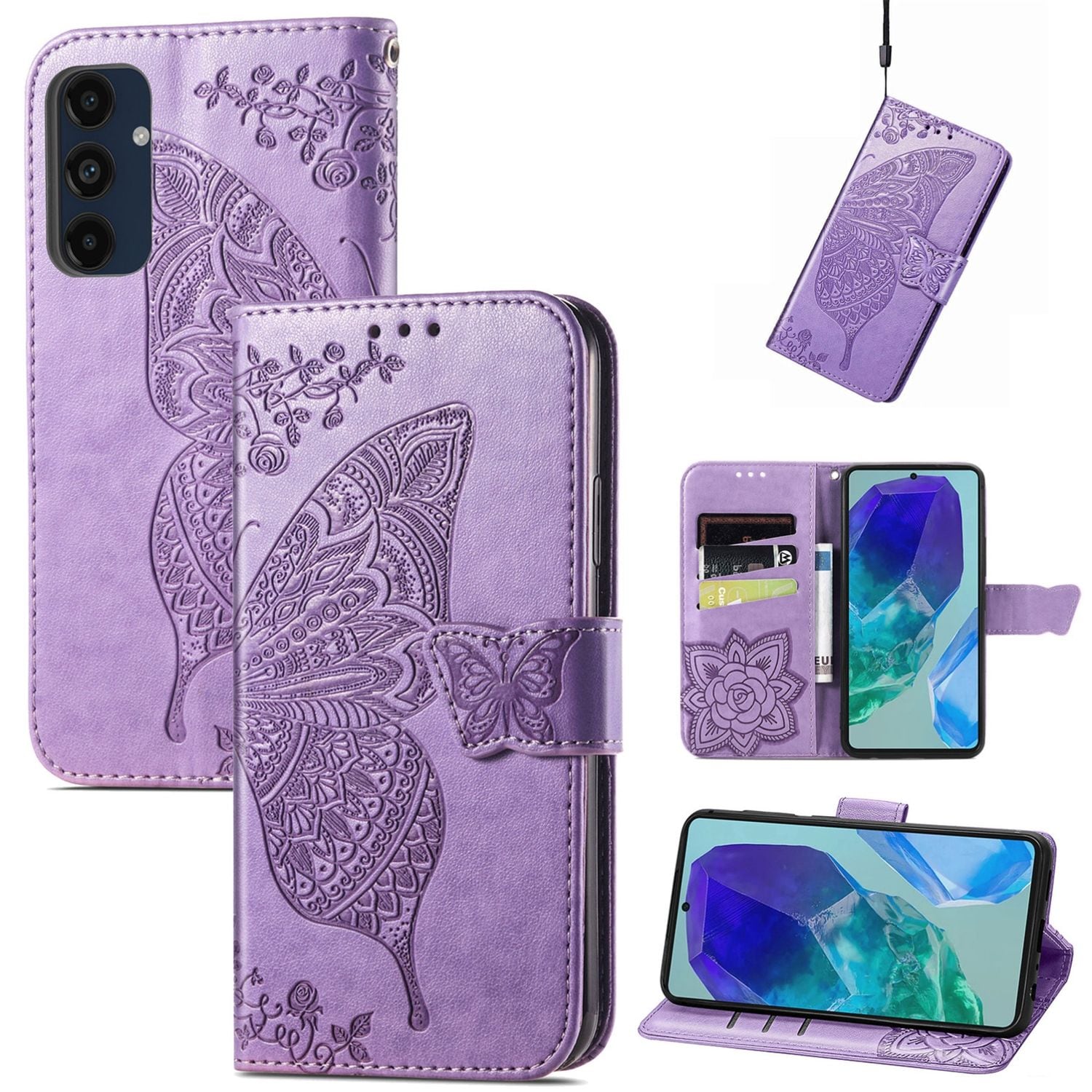 F&uuml;r Samsung Galaxy A16 Kunstleder Wallet Schmetterling H&uuml;lle Hell Lila 