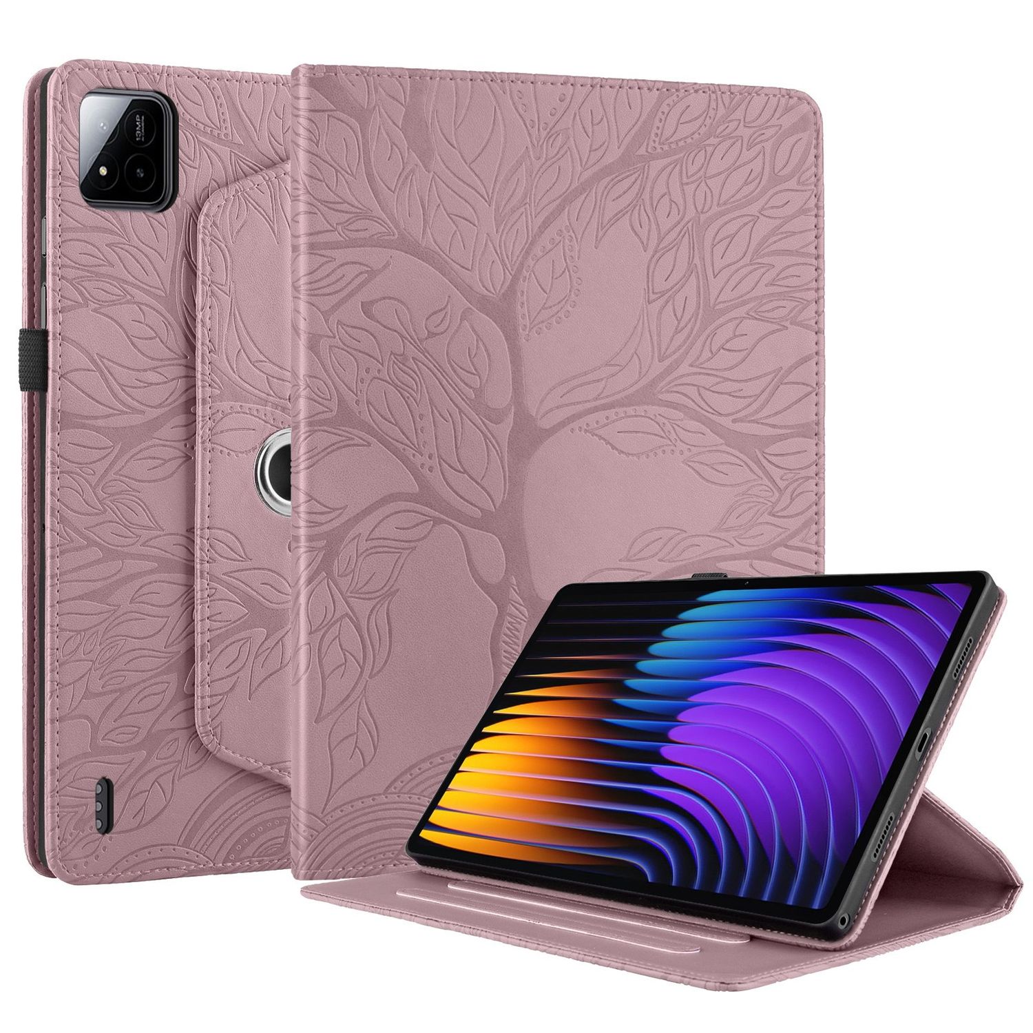 F&uuml;r Xiaomi Pad 7 / 7 Pro 360 Grad Baum Motiv Kunstleder Tasche Pink 