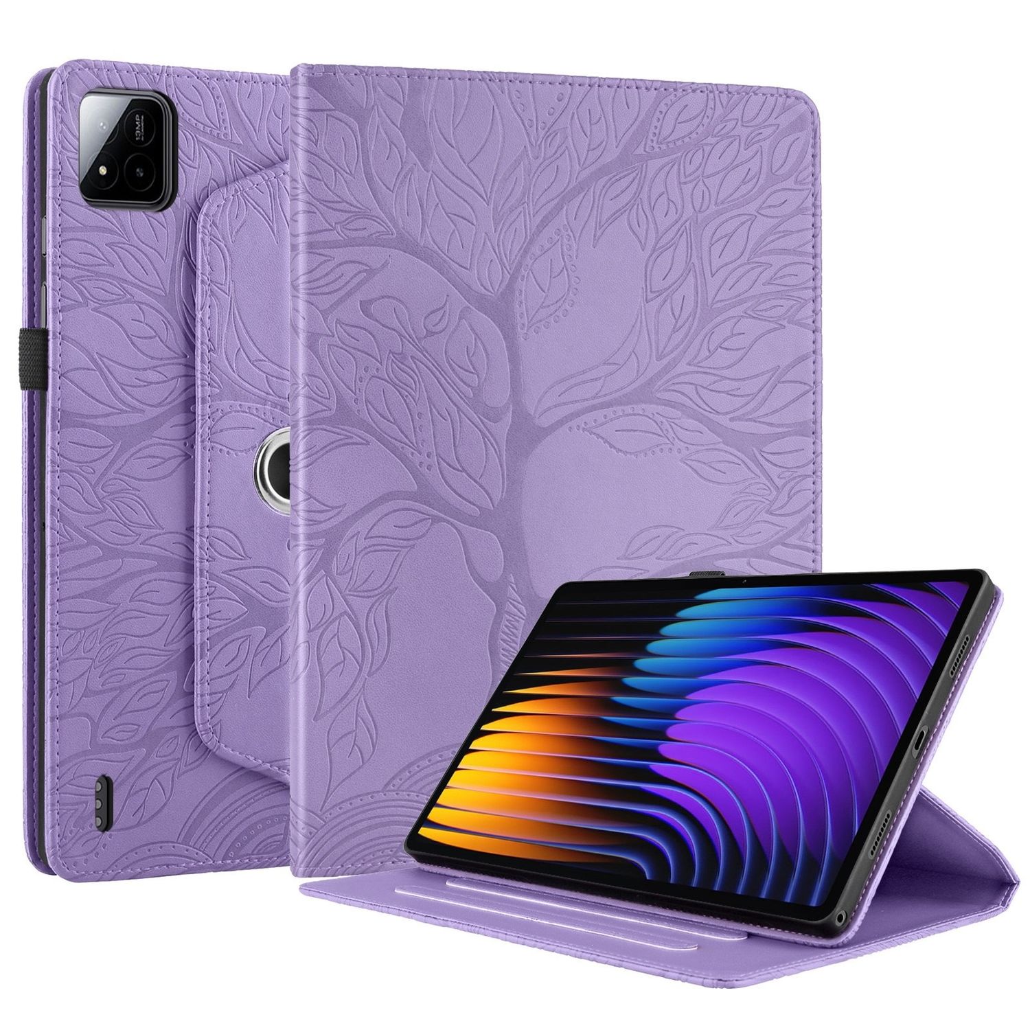 F&uuml;r Xiaomi Pad 7 / 7 Pro 360 Grad Baum Motiv Kunstleder Tasche Lila 