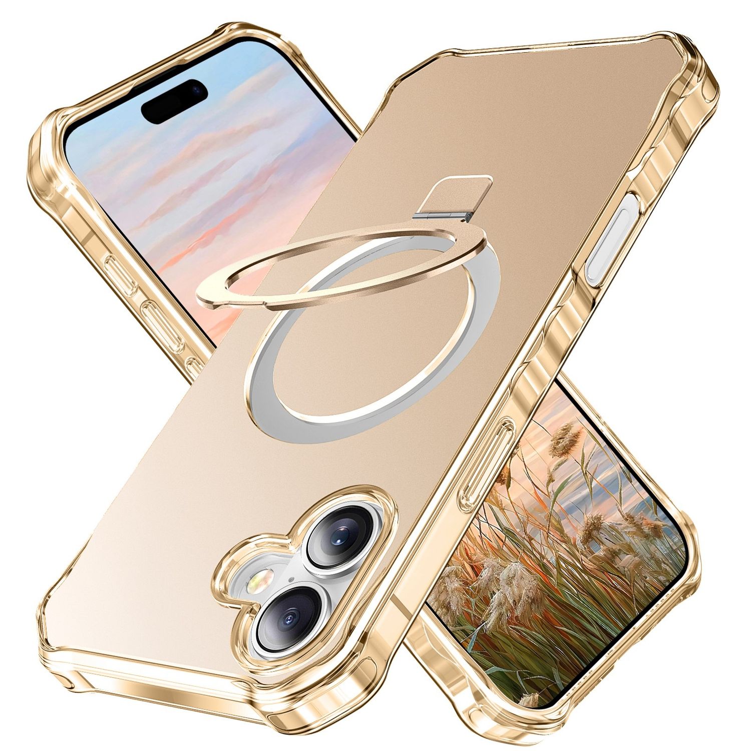 F&uuml;r Apple iPhone 16 Solid Color Wave MagSafe Ring Halter H&uuml;lle Gold 