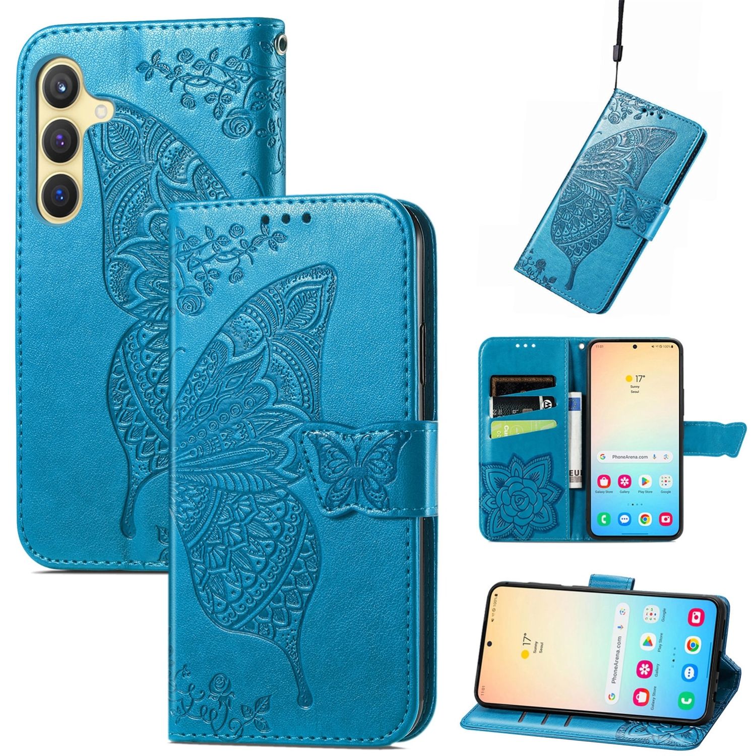 F&uuml;r Samsung Galaxy S25 5G Kunstleder Wallet Schmetterling H&uuml;lle Blau 