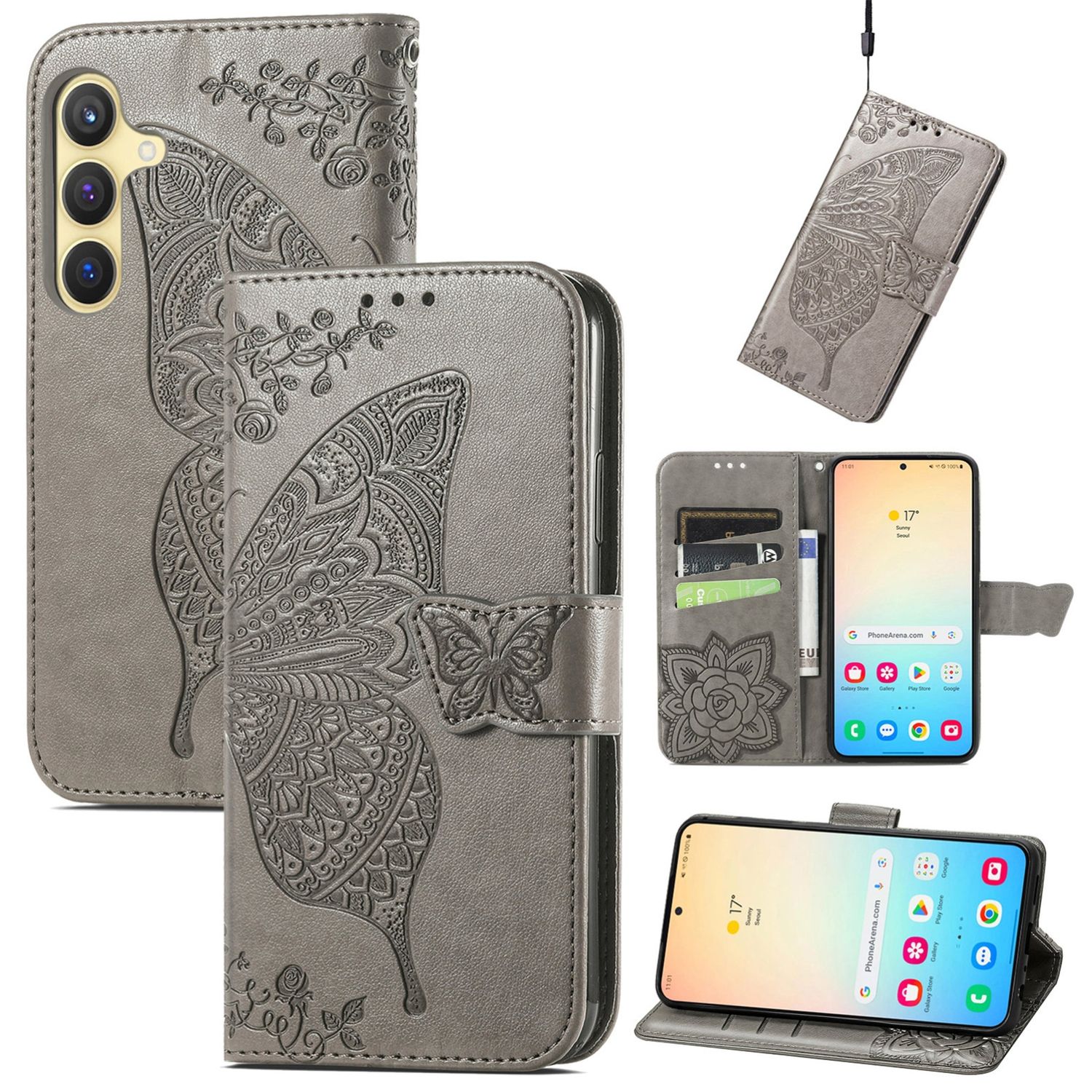F&uuml;r Samsung Galaxy S25 5G Kunstleder Wallet Schmetterling H&uuml;lle Grau 