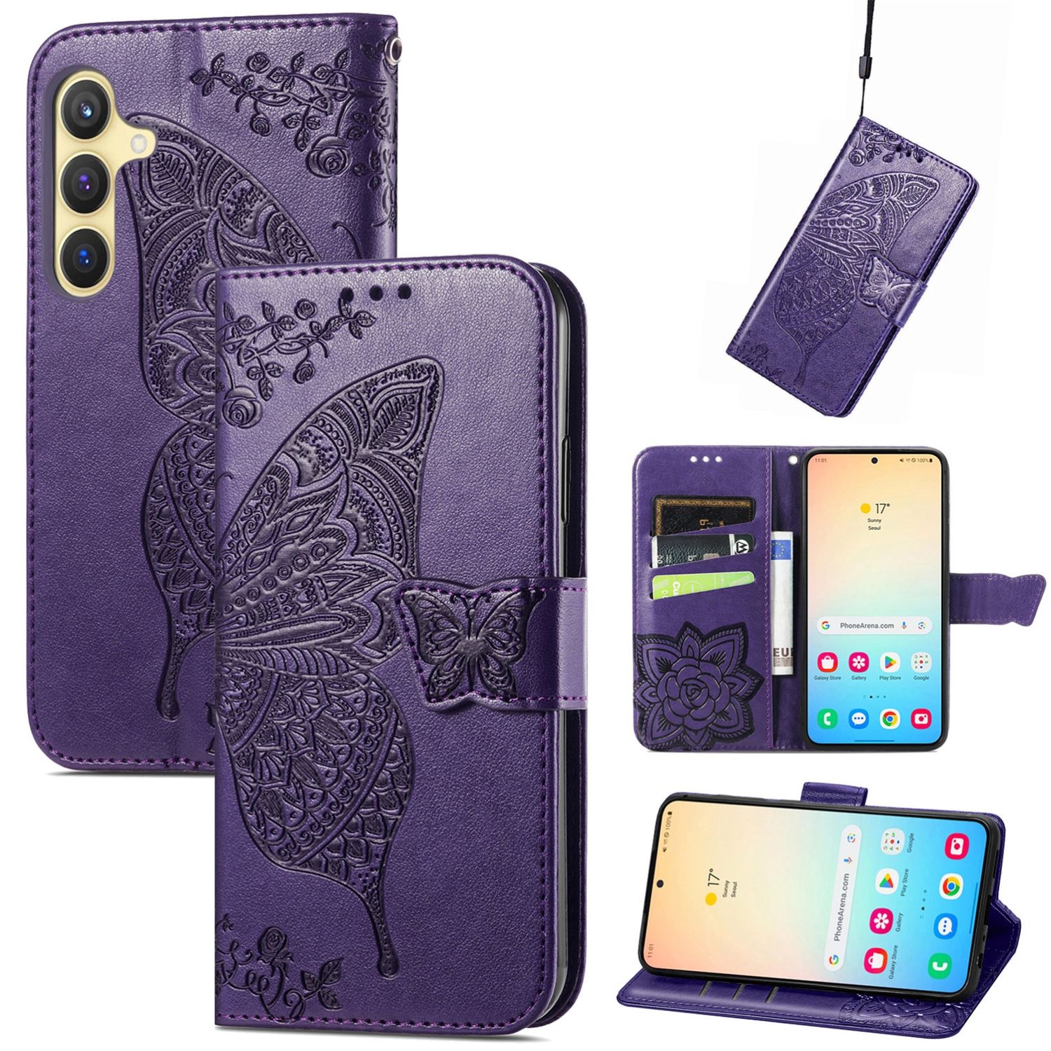 F&uuml;r Samsung Galaxy S25 5G Kunstleder Wallet Schmetterling H&uuml;lle Lila 