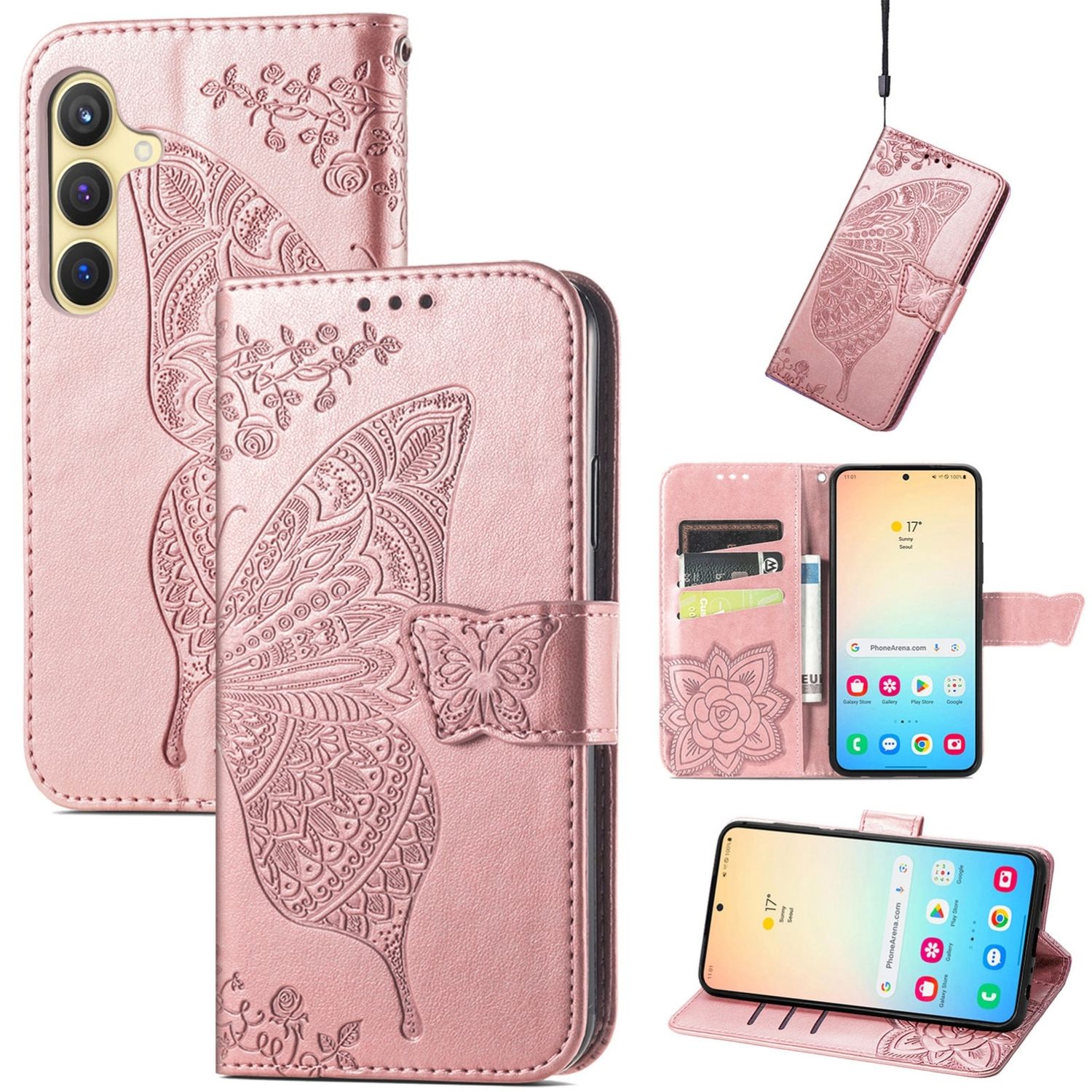F&uuml;r Samsung Galaxy S25 Plus Kunstleder Wallet Schmetterling H&uuml;lle Rosa 