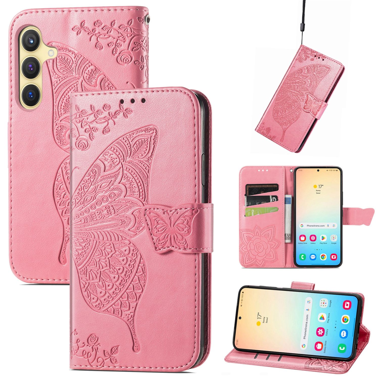 F&uuml;r Samsung Galaxy S25 Plus Kunstleder Wallet Schmetterling H&uuml;lle Pink 
