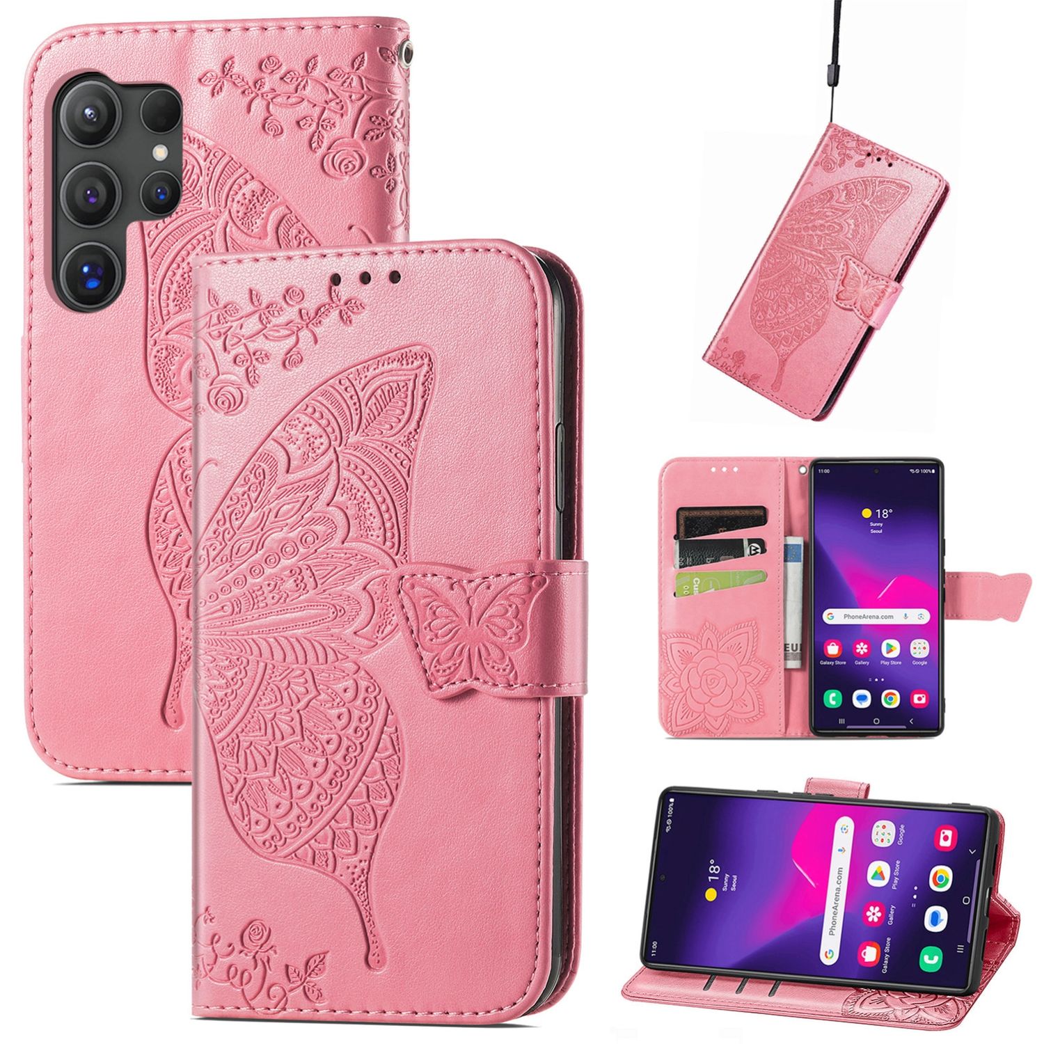 F&uuml;r Samsung Galaxy S25 Ultra Kunstleder Book Schmetterling H&uuml;lle Pink 