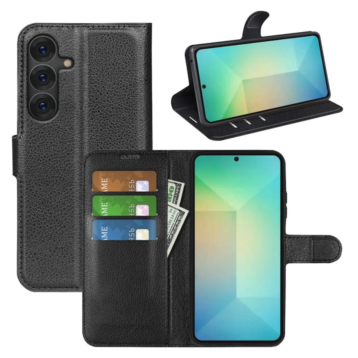 F&uuml;r Samsung Galaxy S25 Kunstleder Book Wallet Tasche H&uuml;lle Schwarz 