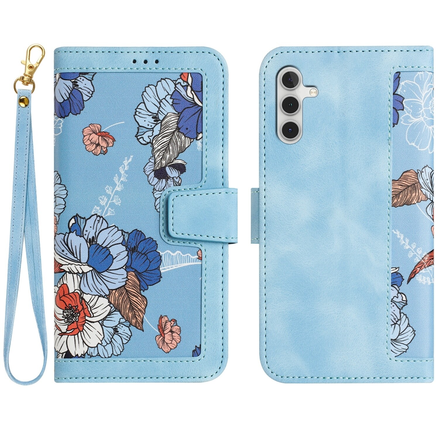 F&uuml;r Samsung Galaxy S25 Kunstleder Wallet Blumen Tasche H&uuml;lle Hellblau 