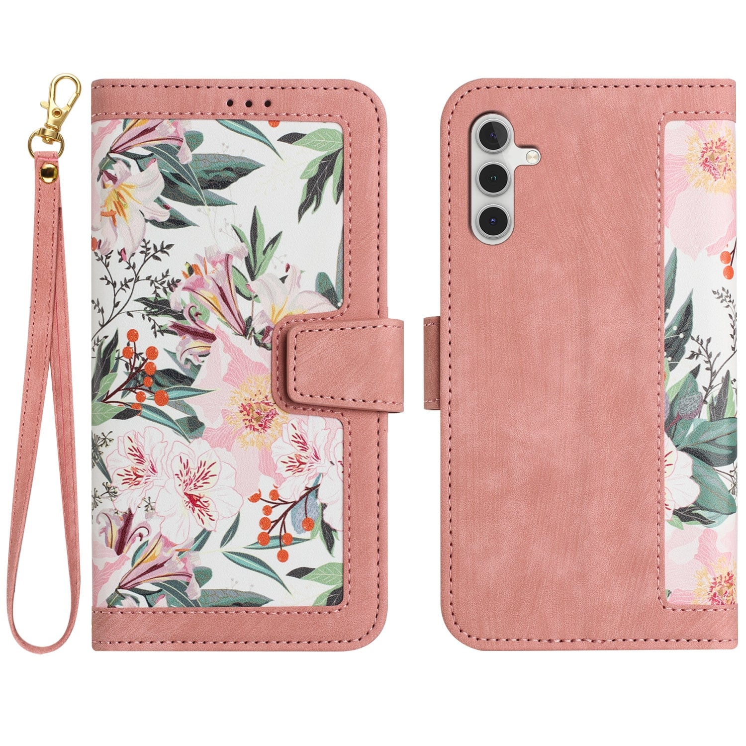 F&uuml;r Samsung Galaxy S25 Kunstleder Book Wallet Blumen Tasche H&uuml;lle Rosa 
