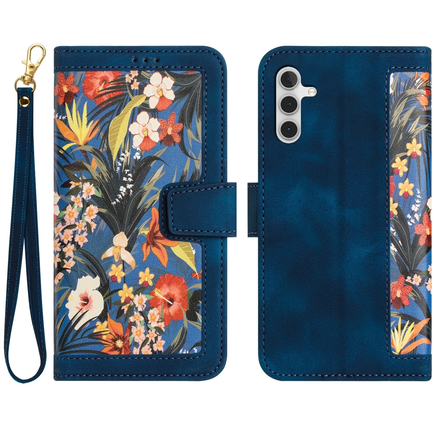 F&uuml;r Samsung Galaxy S25 Kunstleder Wallet Blumen Tasche H&uuml;lle D- Blau 