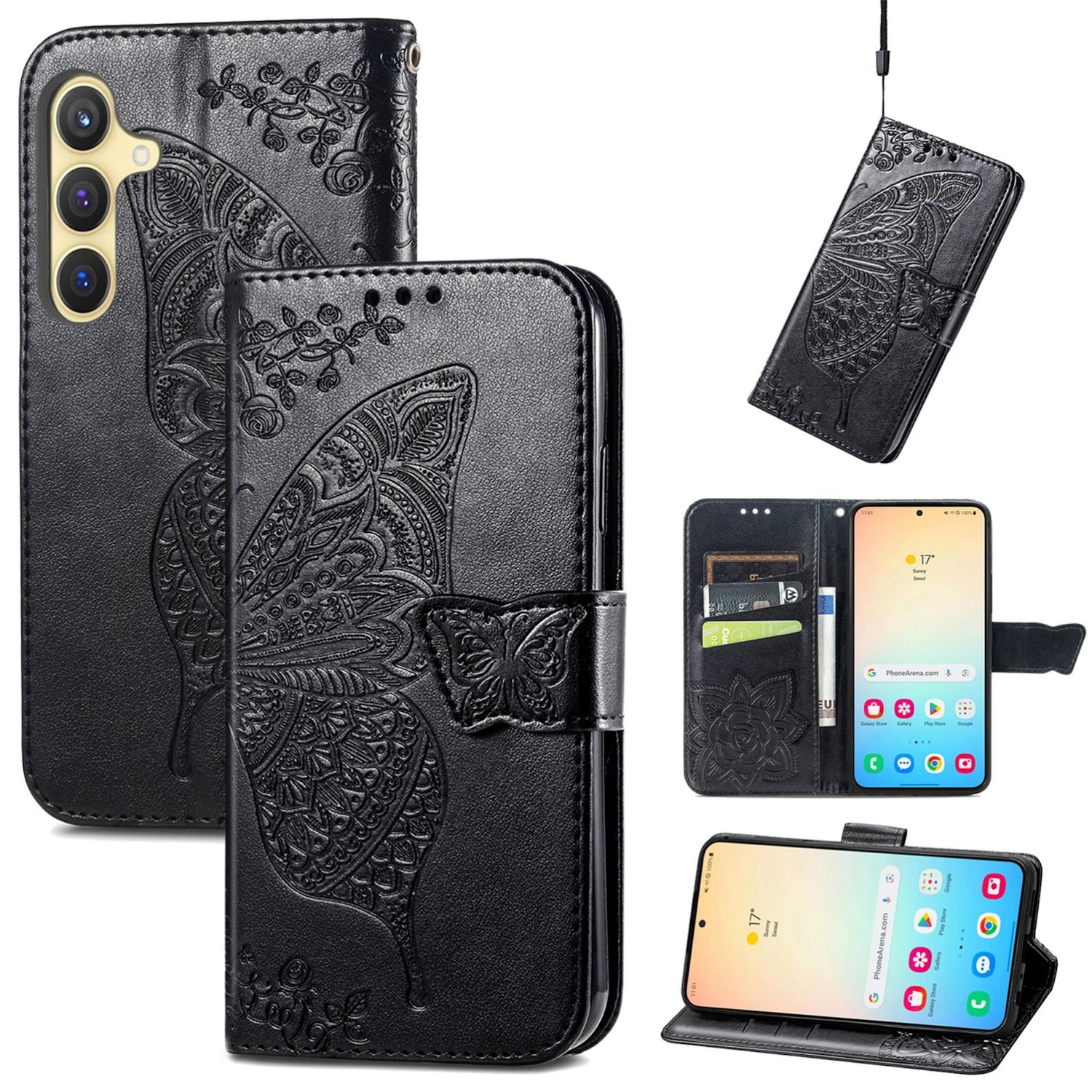 F&uuml;r Samsung Galaxy S25 Kunstleder Wallet Schmetterling H&uuml;lle Schwarz 