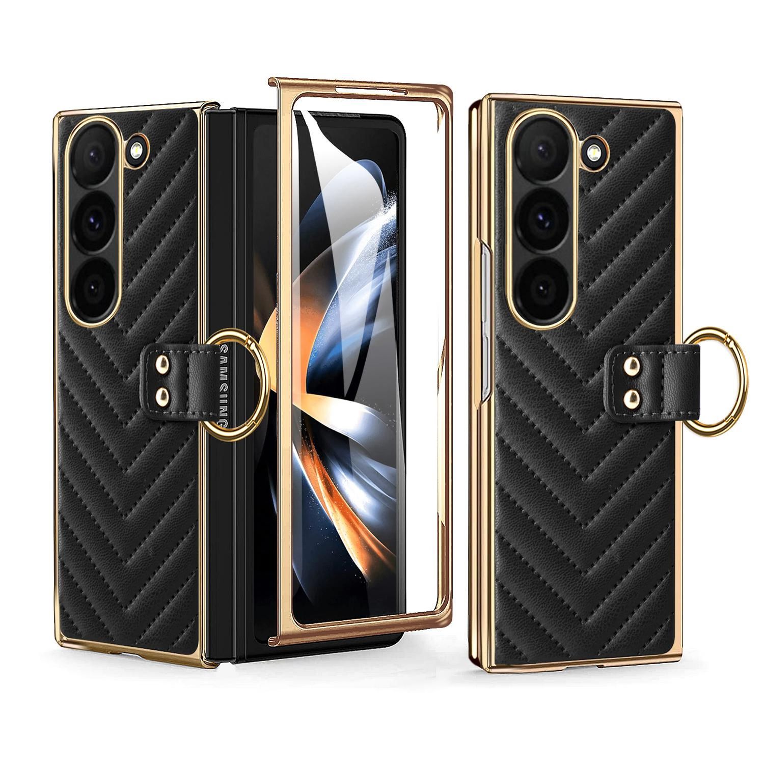 F&uuml;r Samsung Galaxy Z Fold6 Dream Series Ring Kunstleder H&uuml;lle Schwarz 