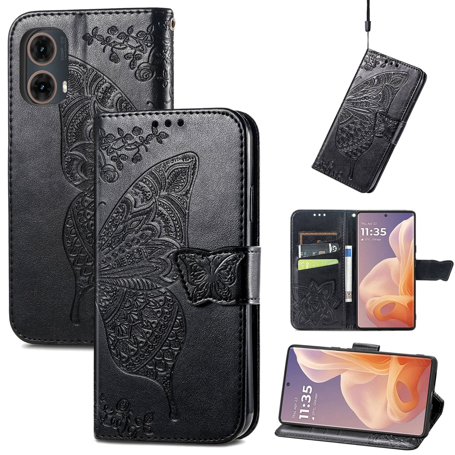 F&uuml;r Motorola Moto G85 Kunstleder Schmetterling Wallet H&uuml;lle Schwarz 