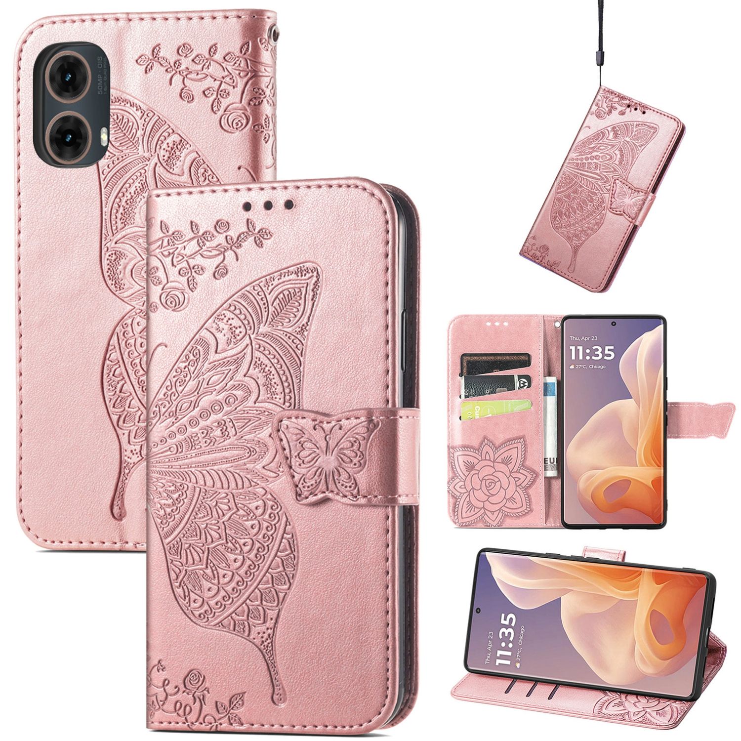 F&uuml;r Motorola Moto G85 Kunstleder Schmetterling Book Wallet H&uuml;lle Rosa 