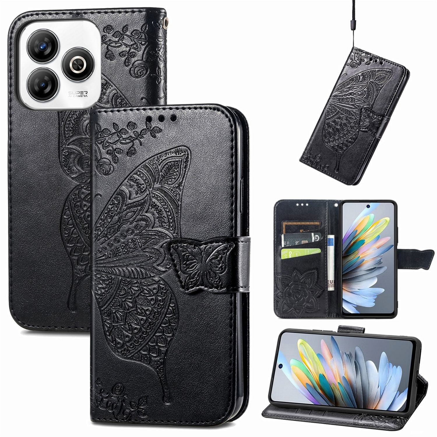 F&uuml;r ZTE Blade A75 4G Kunstleder Schmetterling Wallet H&uuml;lle Schwarz 