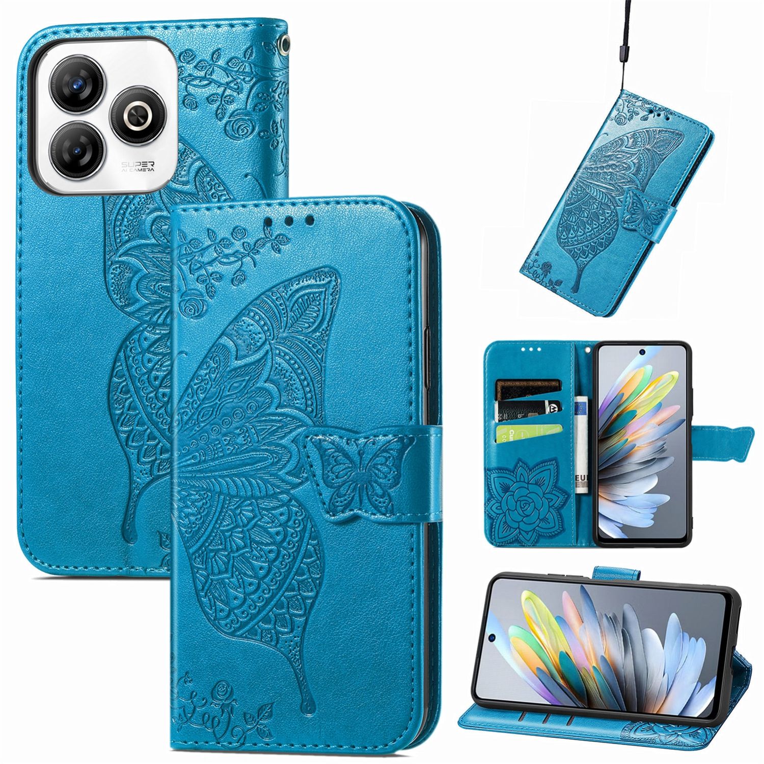 F&uuml;r ZTE Blade A75 4G Kunstleder Schmetterling Wallet H&uuml;lle Tasche Blau 