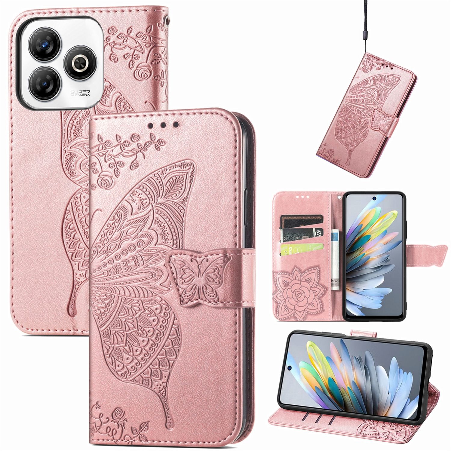 F&uuml;r ZTE Blade A75 4G Kunstleder Schmetterling Wallet H&uuml;lle Tasche Rosa 
