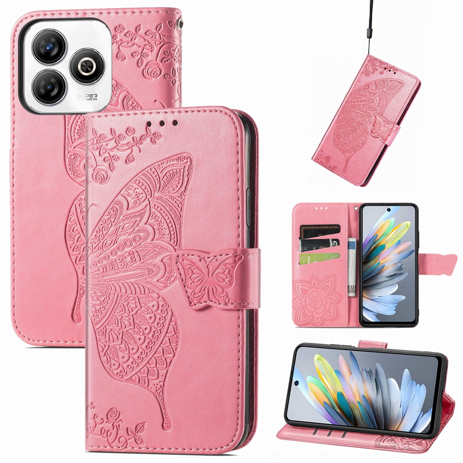 F&uuml;r ZTE Blade A75 4G Kunstleder Schmetterling Wallet H&uuml;lle Tasche Pink 