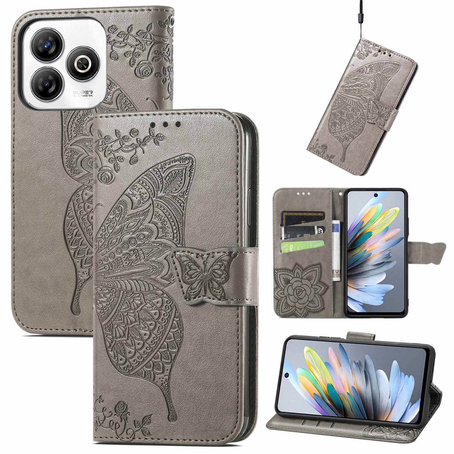 F&uuml;r ZTE Blade A75 4G Kunstleder Schmetterling Wallet H&uuml;lle Tasche Grau 