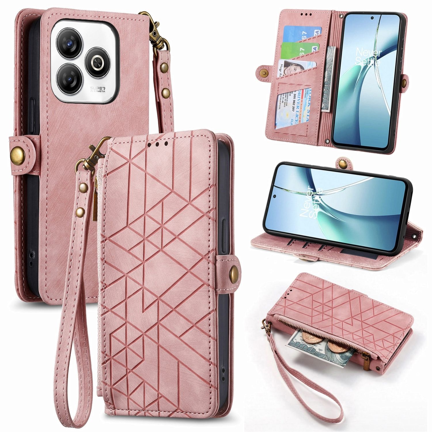 F&uuml;r ZTE Blade A75 4G Design Kunstleder Zipper Book Wallet Tasche Rosa 