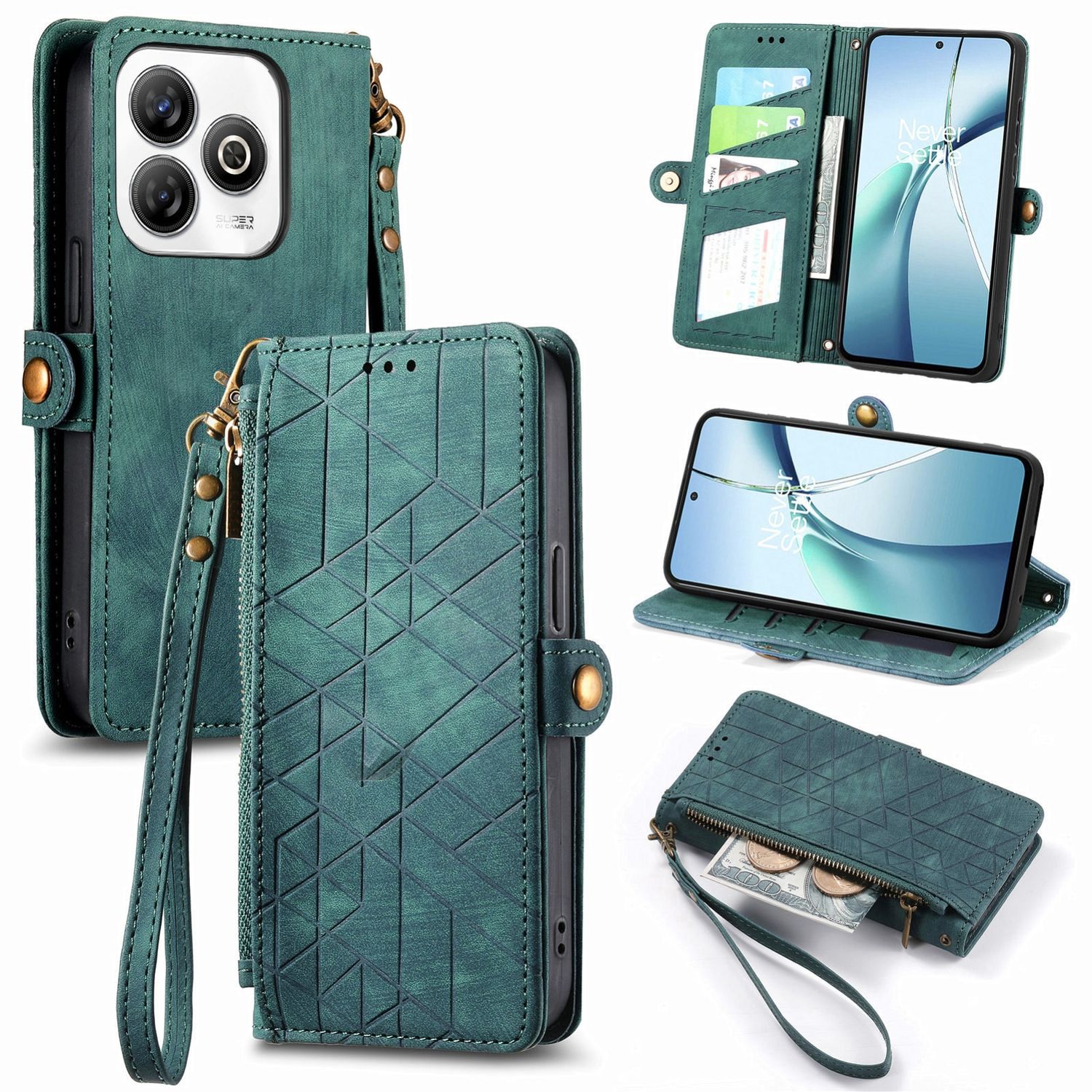F&uuml;r ZTE Blade A75 4G Design Kunstleder Zipper Book Wallet Tasche Gr&uuml;n 