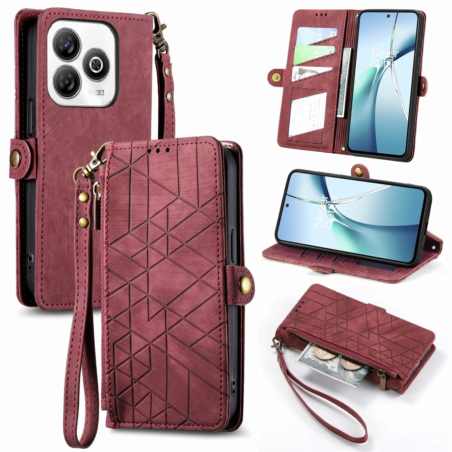 F&uuml;r ZTE Blade A75 4G Design Kunstleder Zipper Book Wallet Tasche Rot 