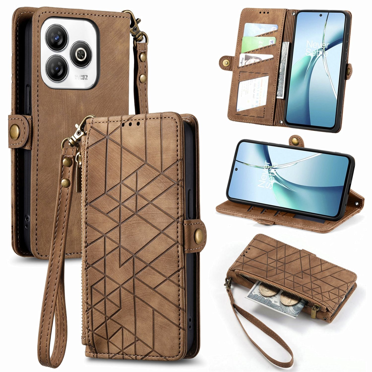 F&uuml;r ZTE Blade A75 4G Design Kunstleder Zipper Book Wallet Tasche Braun 