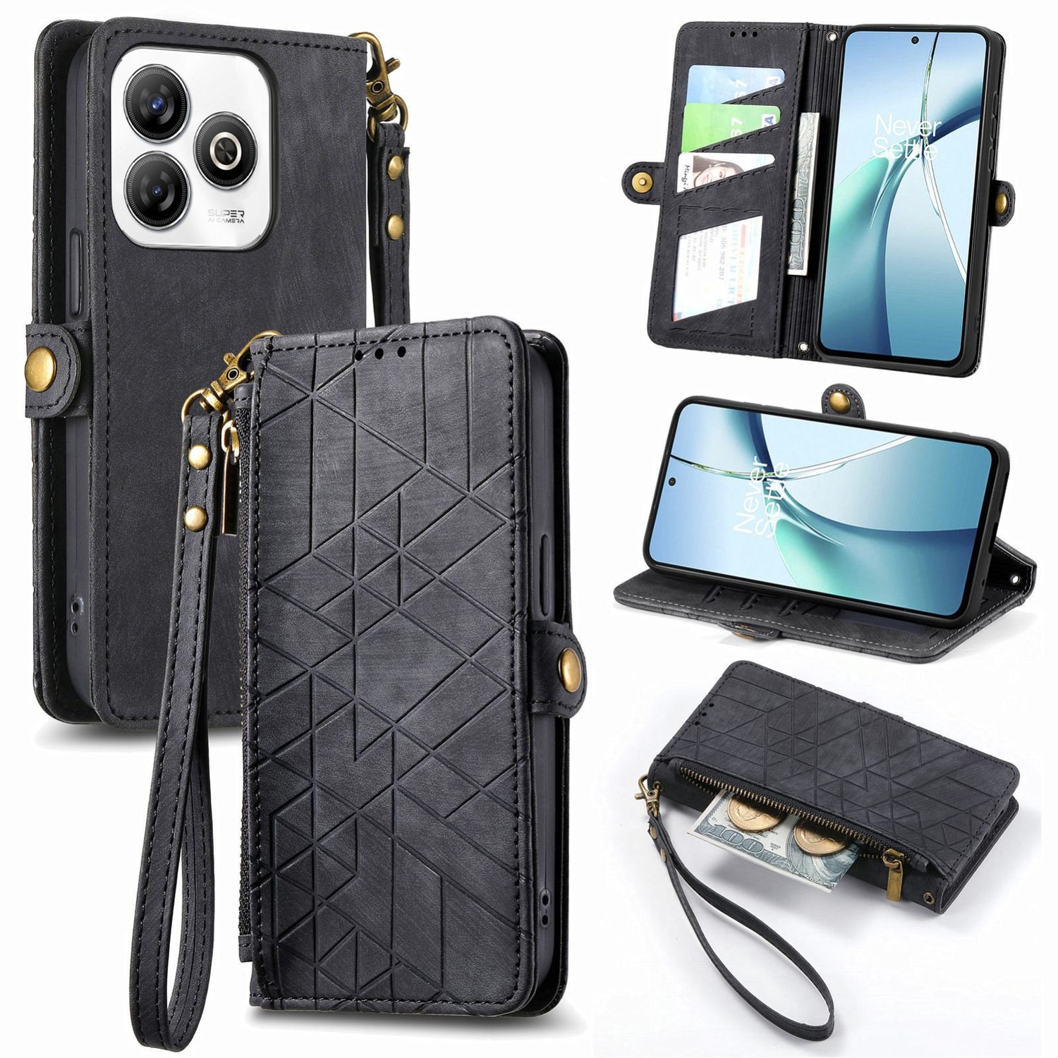 F&uuml;r ZTE Blade A75 4G Design Kunstleder Zipper Wallet Tasche Schwarz 